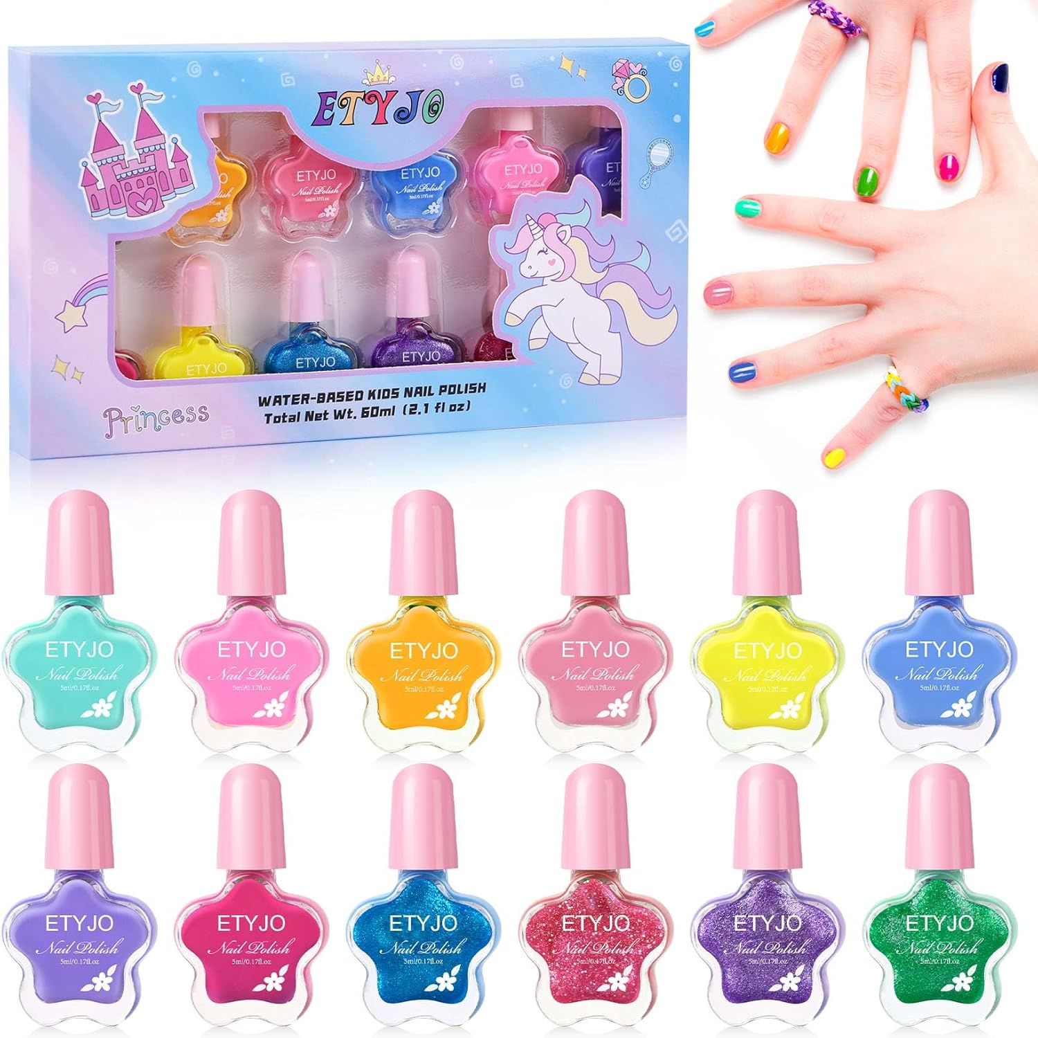 ETYJO Kids Nail Polish Sets for Girls, 12 Colors Non Toxic Nail Polish