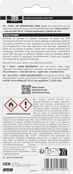 GEB Kit Réparation liner de piscine, spa et jaccuzzi gonflables, bouées, matelas pneumatiques - répare même sous l'eau les déchirures, coupures et trous - 3