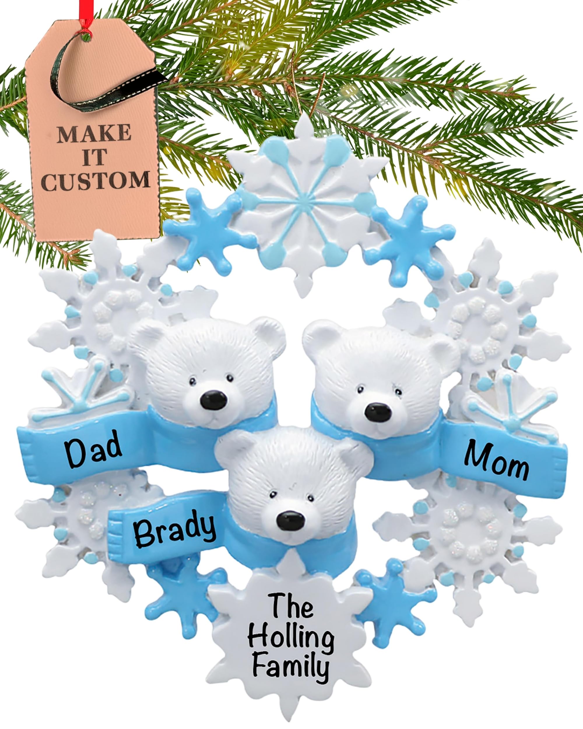 Holiday Traditions Multicolor Personalised Family Of 3 Ornament 2025 – Fast & Free 24H Customisation – Polar Bear Christmas Ornaments For Tree – Custom Gift Wrapped Winter Snowflakes Keepsake For Three Persons