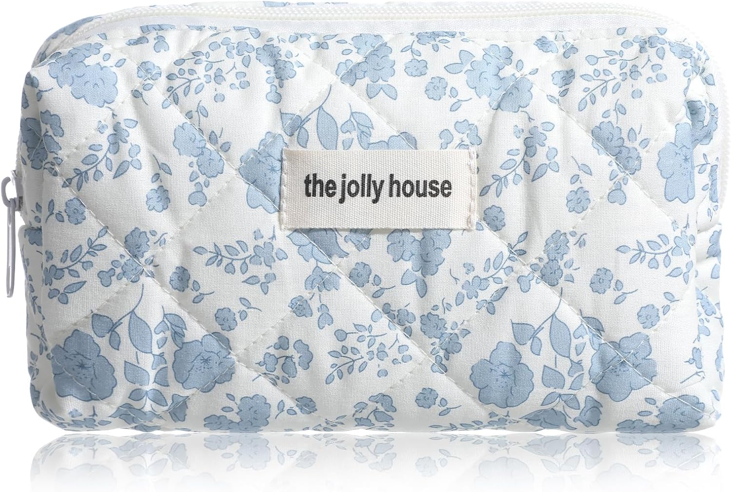 Nogeqi Trousse de toilette de voyage avec motif floral, sac de maquillage matelassé esthétique en coton, trousse de toilette pour articles de toilette et accessoires cosmétiques (bleu), Bleu et blanc