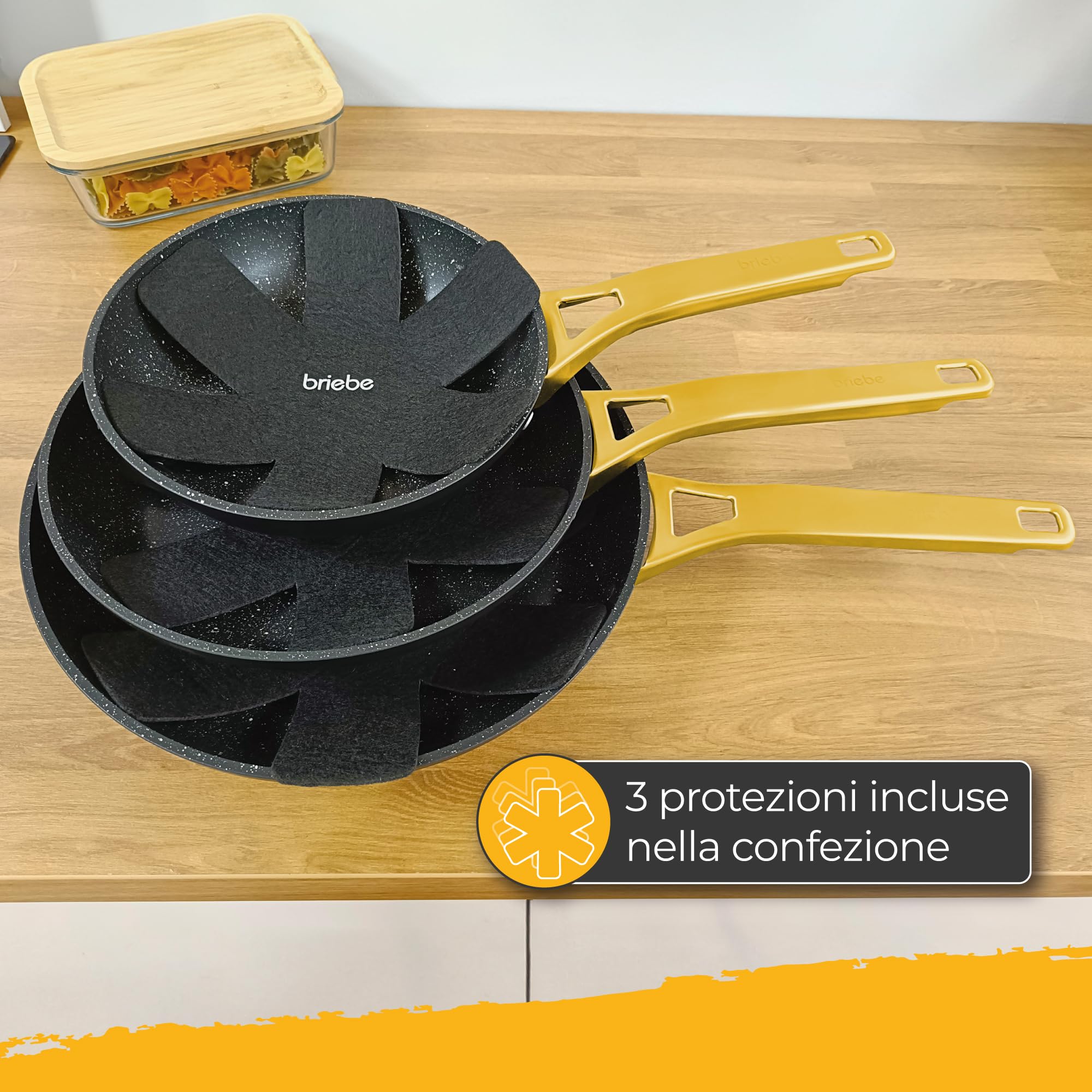 briebe Gold Titanium Set di 3 Padelle Antiaderenti a Induzione Titanio 20-24-28cm, Alluminio Forgiato, Rivestimento senza PFOA, Manico Professionale Acciaio Inox, Vetroceramica, Gas, 3 Protezioni