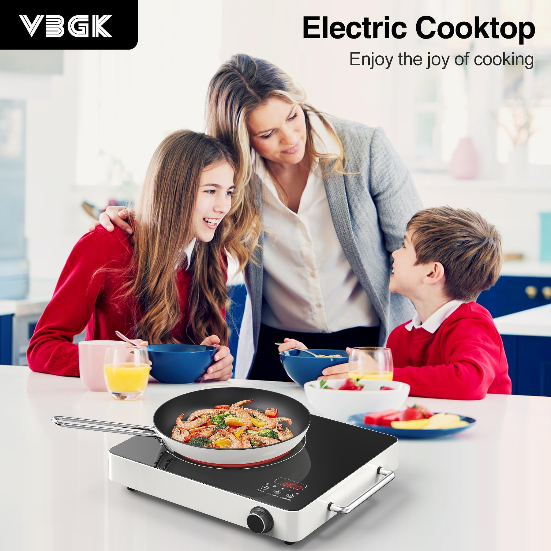 VBGK Electric Cooktop, 110V Touch and Knob Electric Stove Top, 1800W Single Burner With Handle, 9 Power Levels, Kids Safety Lock & 4H Timer, Portable, Black