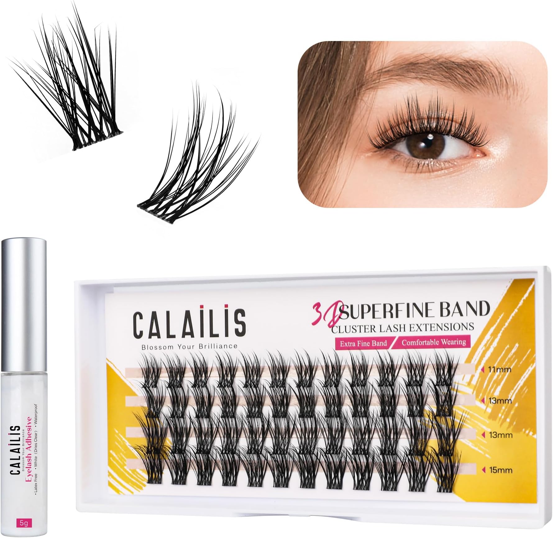 - CALAILIS Individual Lashes, DIY Eyelash Extensions, Super Thin Glue-based Band, Natural Look Reusable,11/13/13/15mm, Lasting for 48 Hours Individual DIY Eyelashes(LR01)