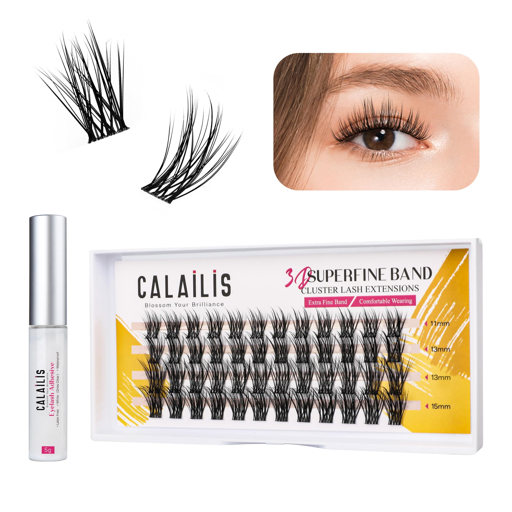 CALAILISIndividual Lashes, DIY Eyelash Extensions, Super Thin Glue-based Band, Natural Look Reusable,11/13/13/15mm, Lasting for 48 Hours Individual DIY Eyelashes(01YS)