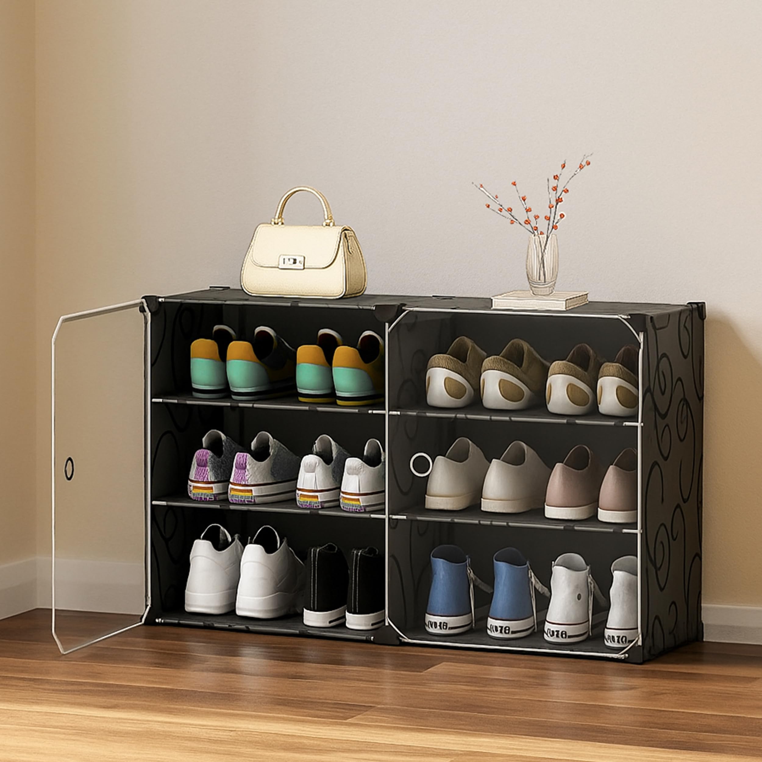Oumffy Plastic Shoe Rack for Home | 𝟔 𝐋𝐚𝐲𝐞𝐫 Shoe Organizer Cabinet with 𝟐 𝐃𝐨𝐨𝐫𝐬 | Dustproof Shoe Storage Rack for Entryway, Bedroom & Living Room | Space Saving Multipurpose Stand | Black