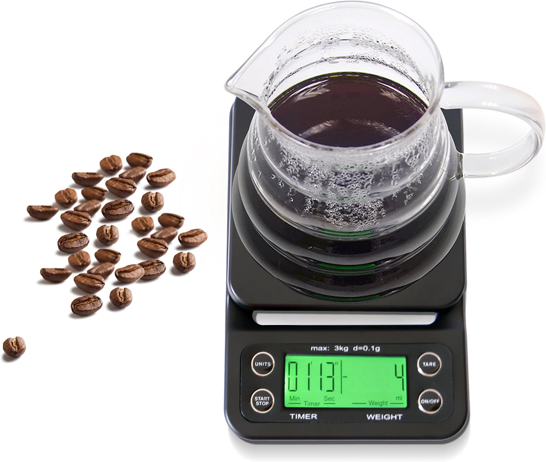 HuiSmart Digital Coffee Scales with Timer and Tare Function 0.1g, Multifunctional Kitchen Scales Food Scales 6.6lb/3kg, LCD Green Backlit,Batteries Included,Black (Green LCD)