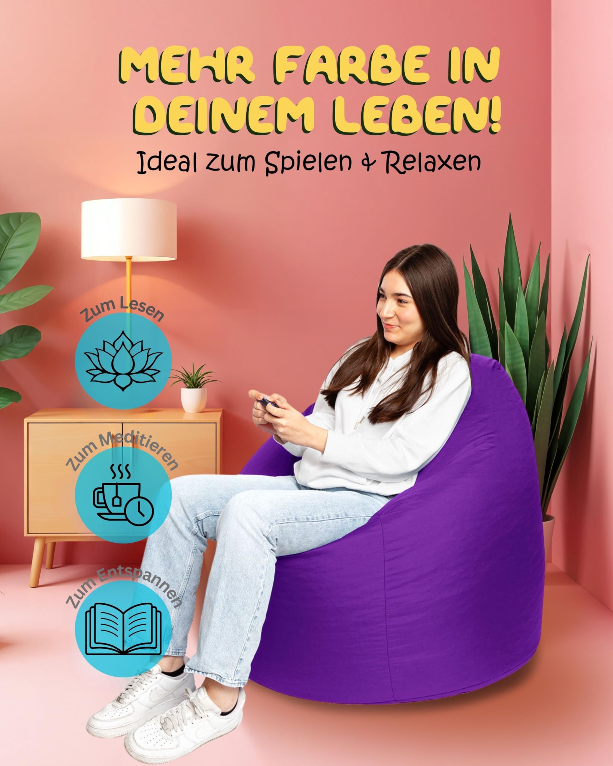 Patchhome Pouf a forma di goccia con chiusura lampo ricaricabile – per interni ed esterni – con imbottitura in polistirolo – disponibile in 3 misure XL – altezza 105 cm, diametro 65 cm viola