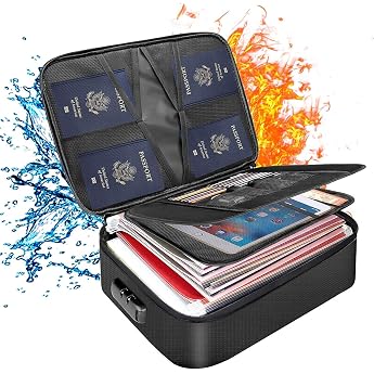 Tamfile Fireproof Document Box 36 x 27 x 10.5 cm Fireproof Document Bag with Large Capacity and Lock Waterproof File Storage Box for Passports Certificates and Valuables Black