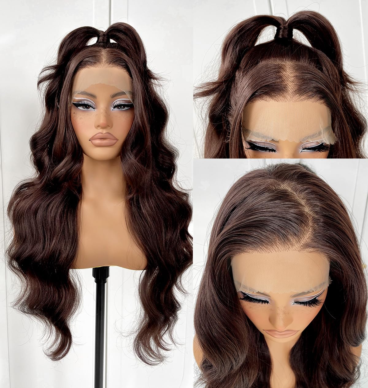 13x6 Brown HD Glueless Synthetic Lace Front Wig Preplucked Ready to Wear Go 24inch Long Body Wave Synthetic Lace Front Wigs For Black Women, Chololate Dake Brown Lace Front Wigs