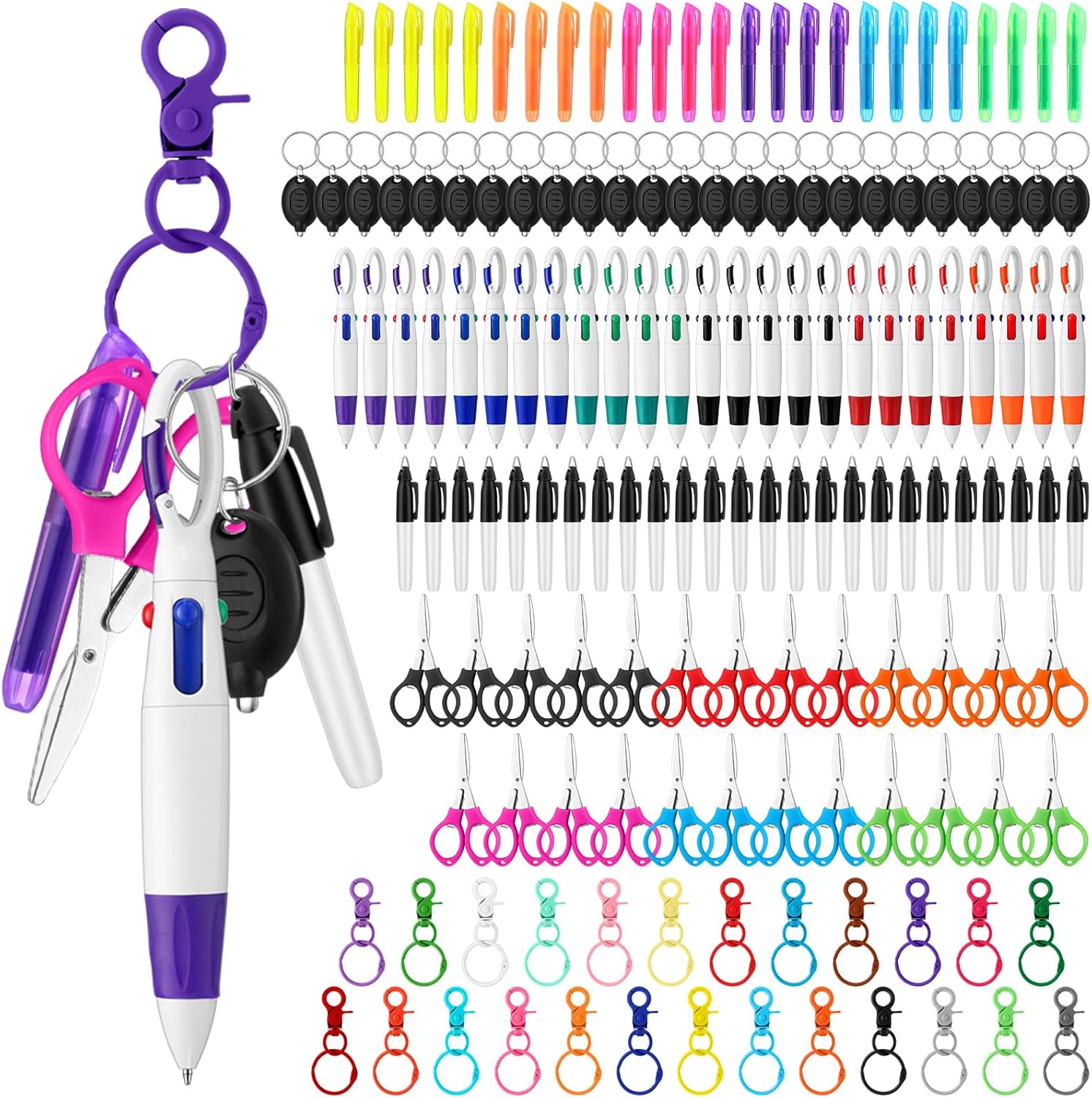 Nezyo 150 Pcs Nurses Pen Set for Badge Accessories Mini Marker Pen Foldable Scissors Retractable Ballpoint Highlighters LED Flashlight Keychain Bulk for Nurse Gift Women(Vivid Color)