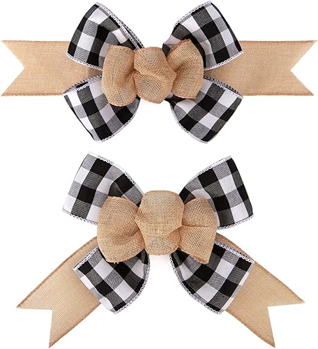 Miniatura 2 de 2 lazos de arpillera prefabricados hechos a mano con alambre de búfalo blanco y negro para coronas, decoración de árbol, envoltura de regalo,