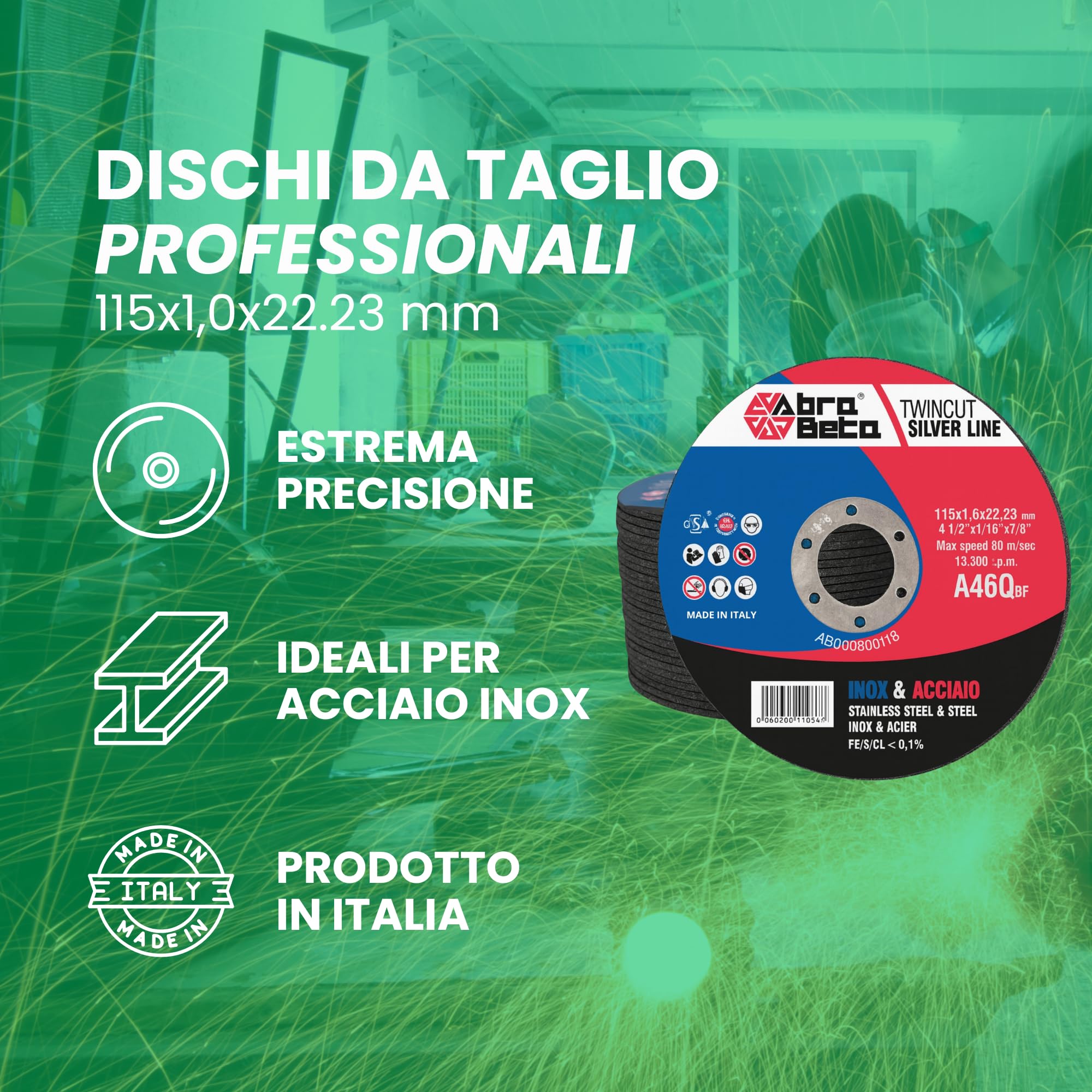 Dischi da Taglio Sottili per Inox e Acciaio, Linea Silver A46Q 115x1,0x22.23, Spessore 1,0 mm, Foro 22,23 mm, Centro Piano, Confezione 50 Pz