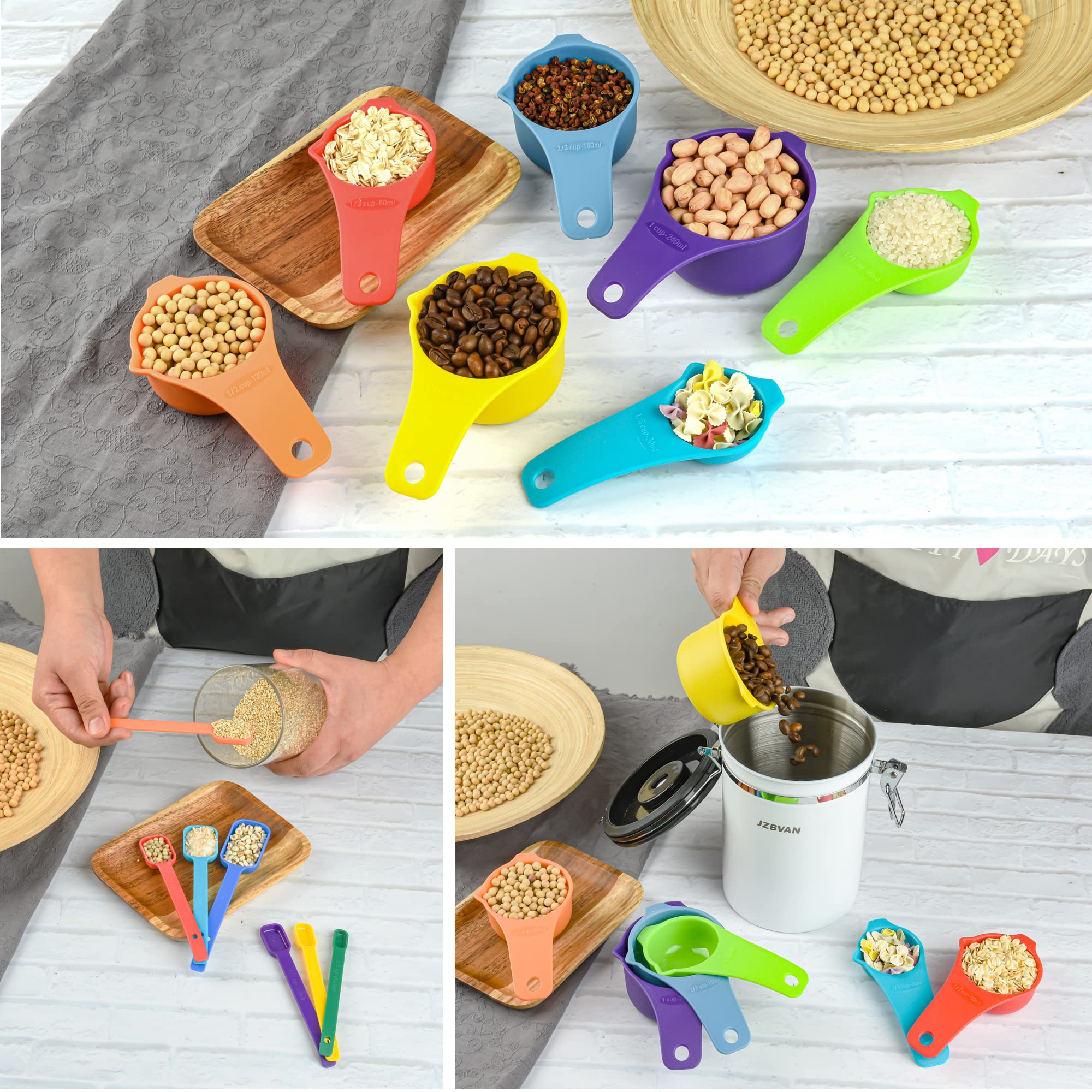 Juego de 15 tazas y cucharas medidoras de plástico, lindas cucharas y tazas medidoras de color para hornear y cocina, juego de herramientas de medición arcoíris con taza medidora de 2/3 y 3/4 tazas 5