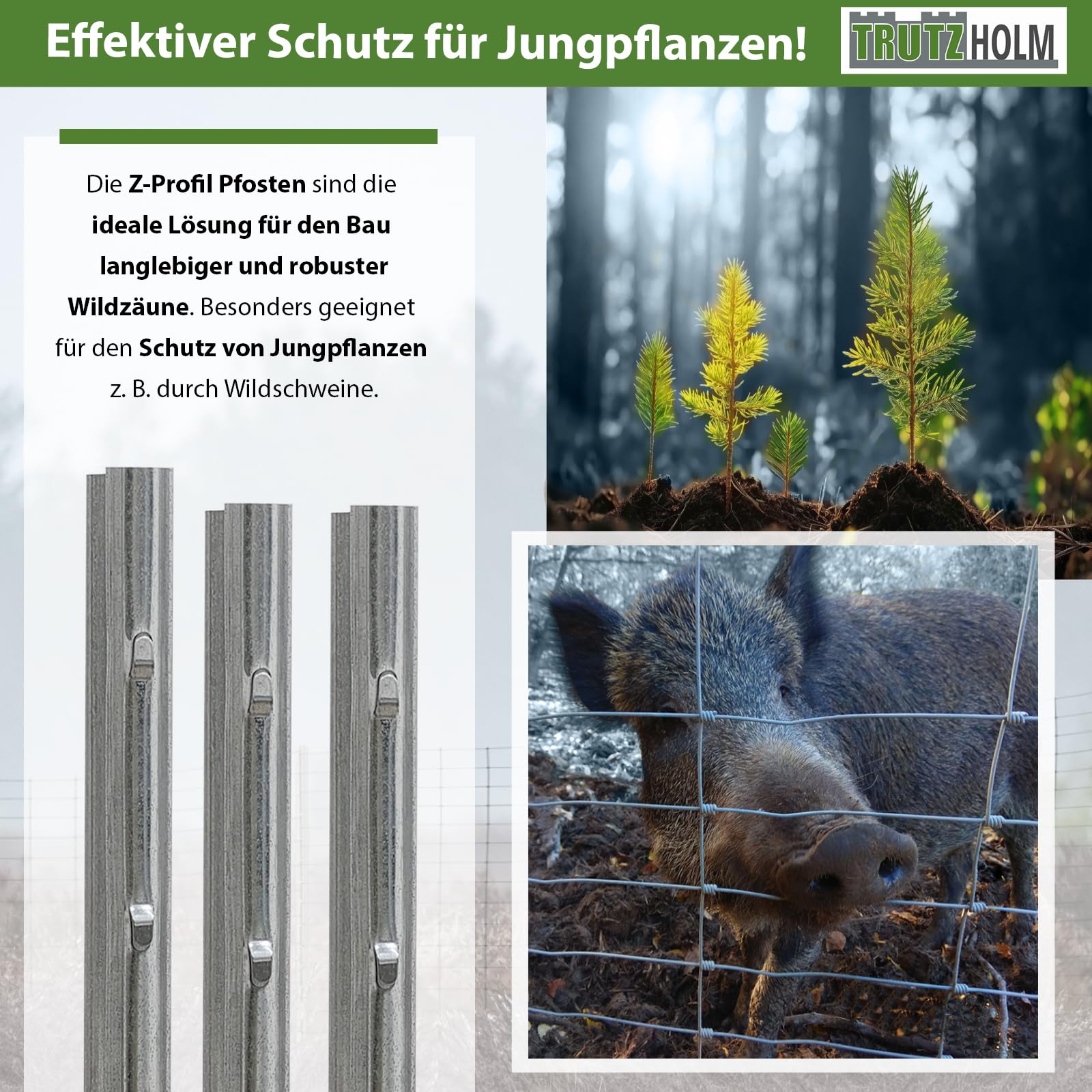 TRUTZHOLM 10x Z-Profil Zaunpfosten 250 cm feuerverzinkt Zaunpfähle 1,5 mm Stärke gestanzte Haken Forstprofil