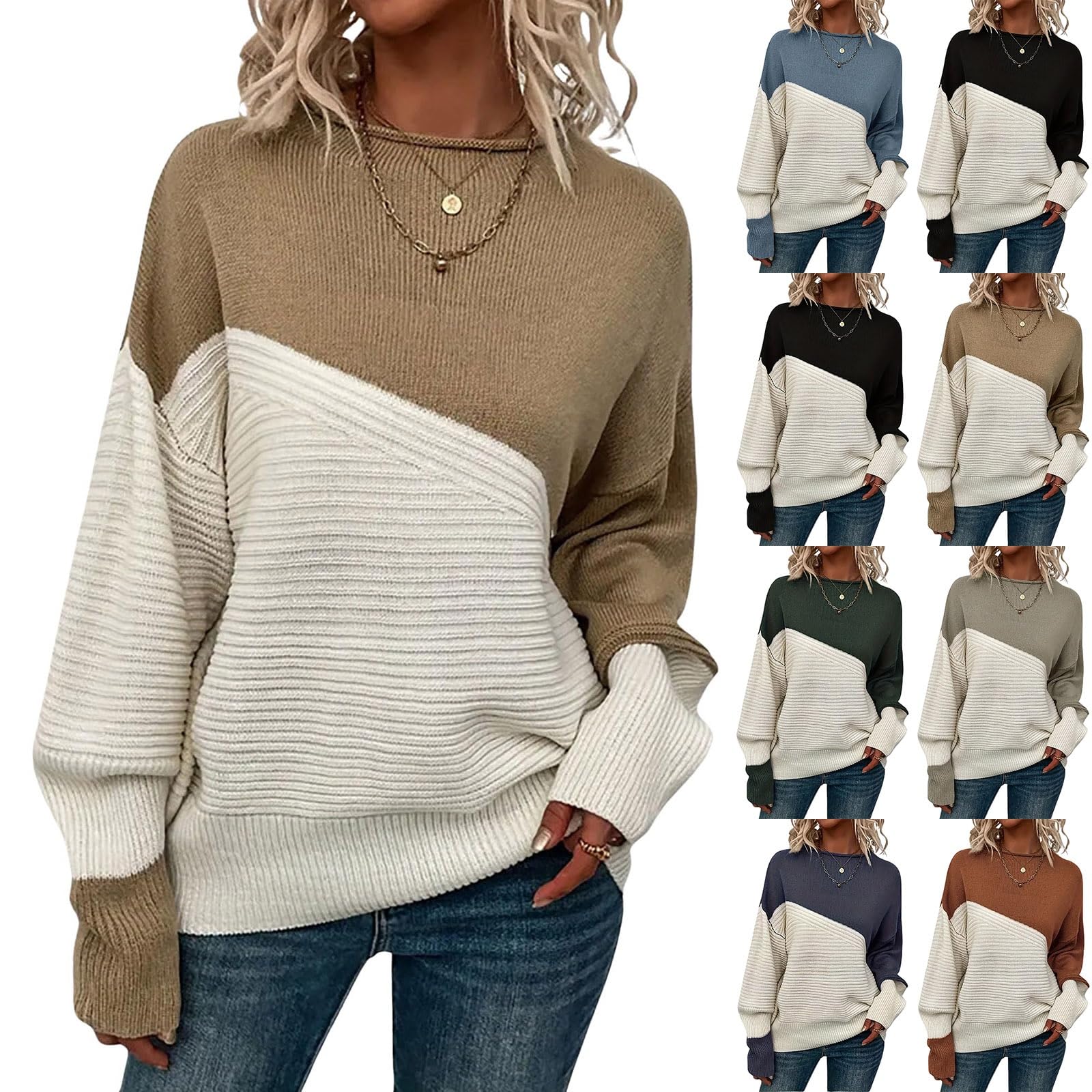 Womens Sweater 2025 Fashion Color Block Long Sleeve Pullover Tops Casual Loose Crewneck Sweaters Fall Outfits