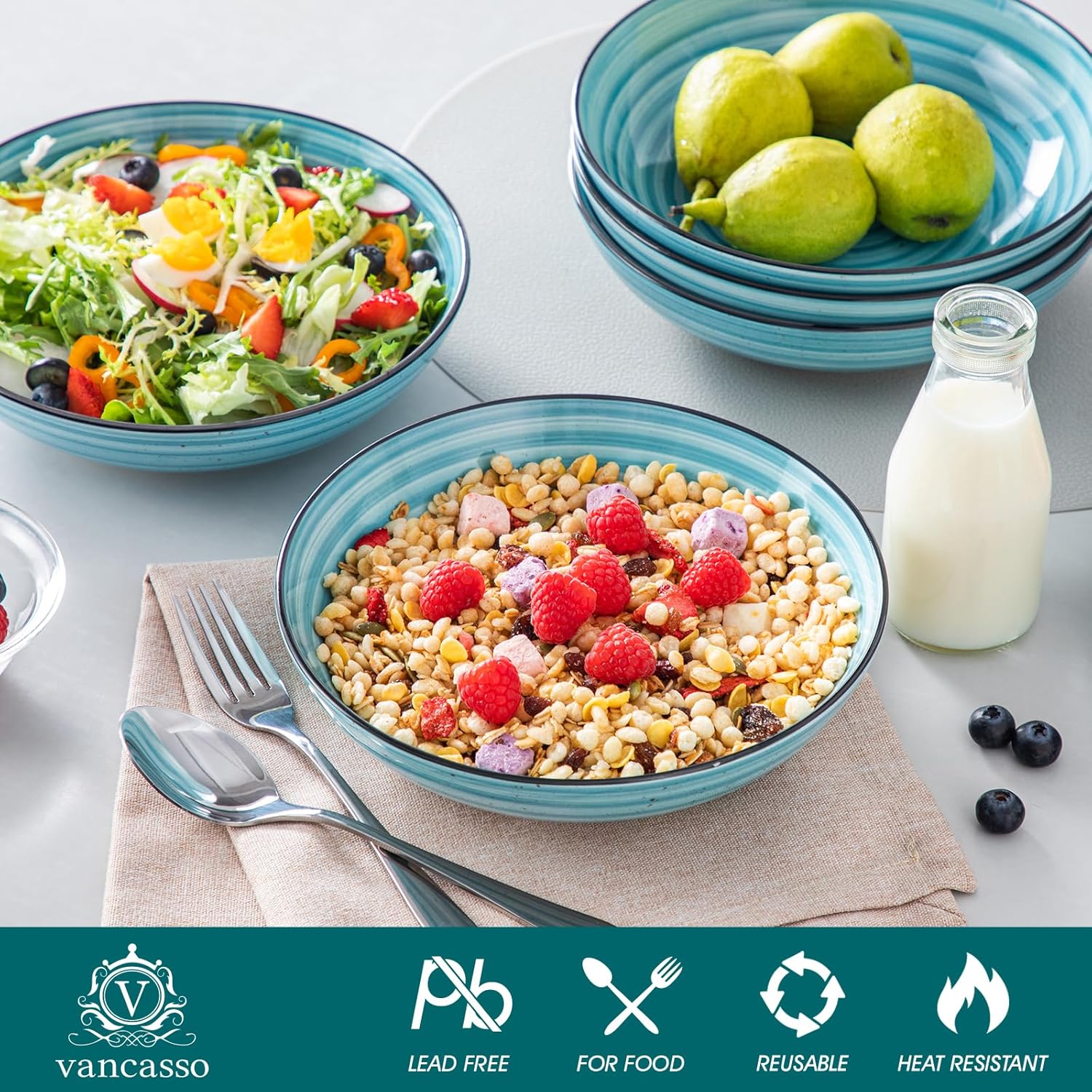 vancasso Bonbon Pasta Bowls Set of 6, 38 Oz Ceramic Salad Bowls, Wide and Shallow Bowls Set, Large Serving Bowls for Kitchen, Blue - Image 3