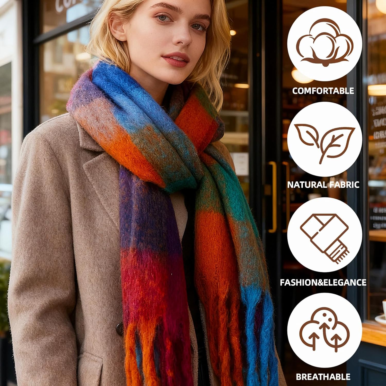 Winter Scarf for Women – Chunky Plaid Blanket Shawl Wrap, Soft Tassel Christmas & Valentines Scarf - Image 5