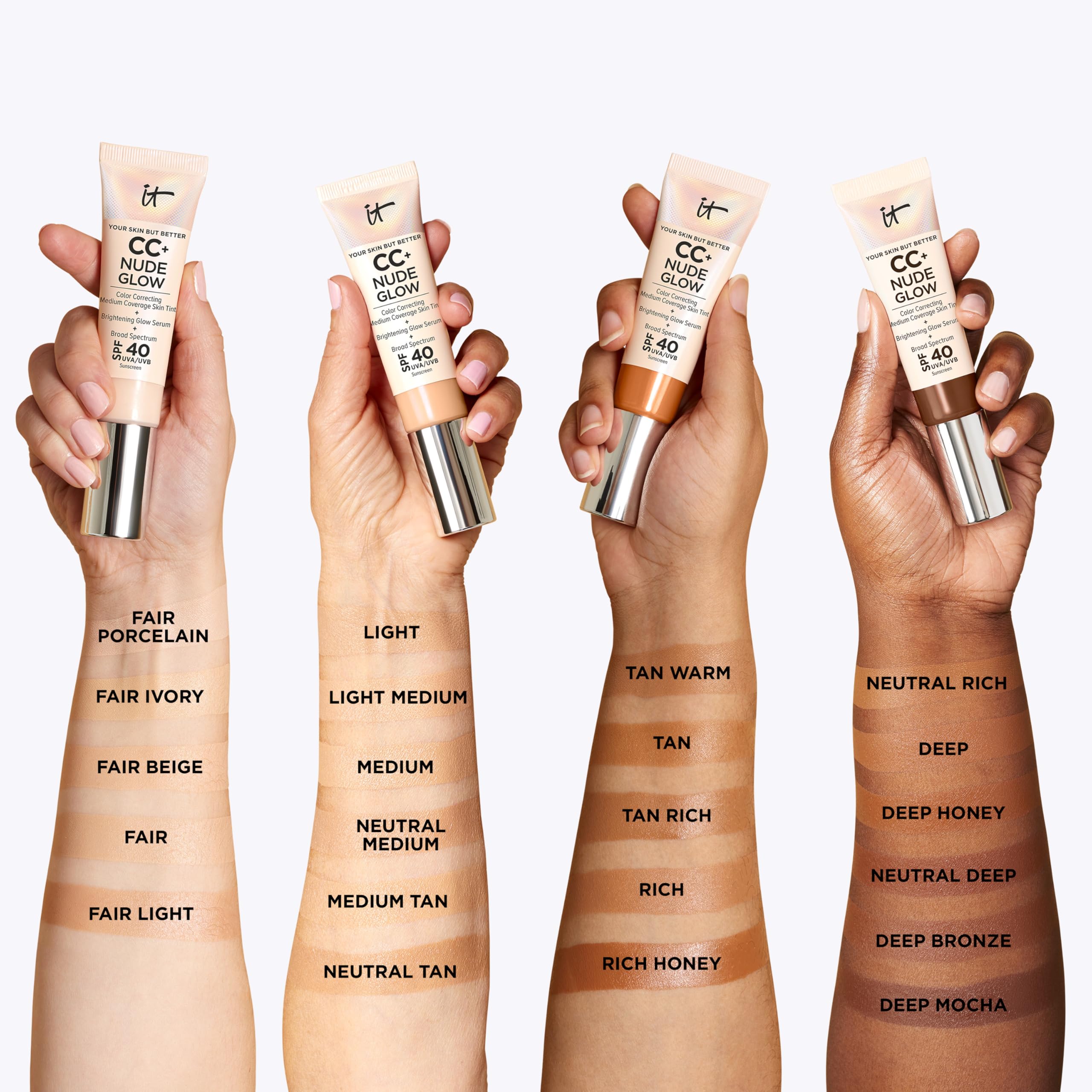 IT Cosmetics, Base de Maquillaje, Tratamiento Antiedad e Hidratante con SPF40, Cobertura Media, Acabado Luminoso, 12 Tonos Disponibles, Light, YSBB CC+ Nude Glow, 32 ml