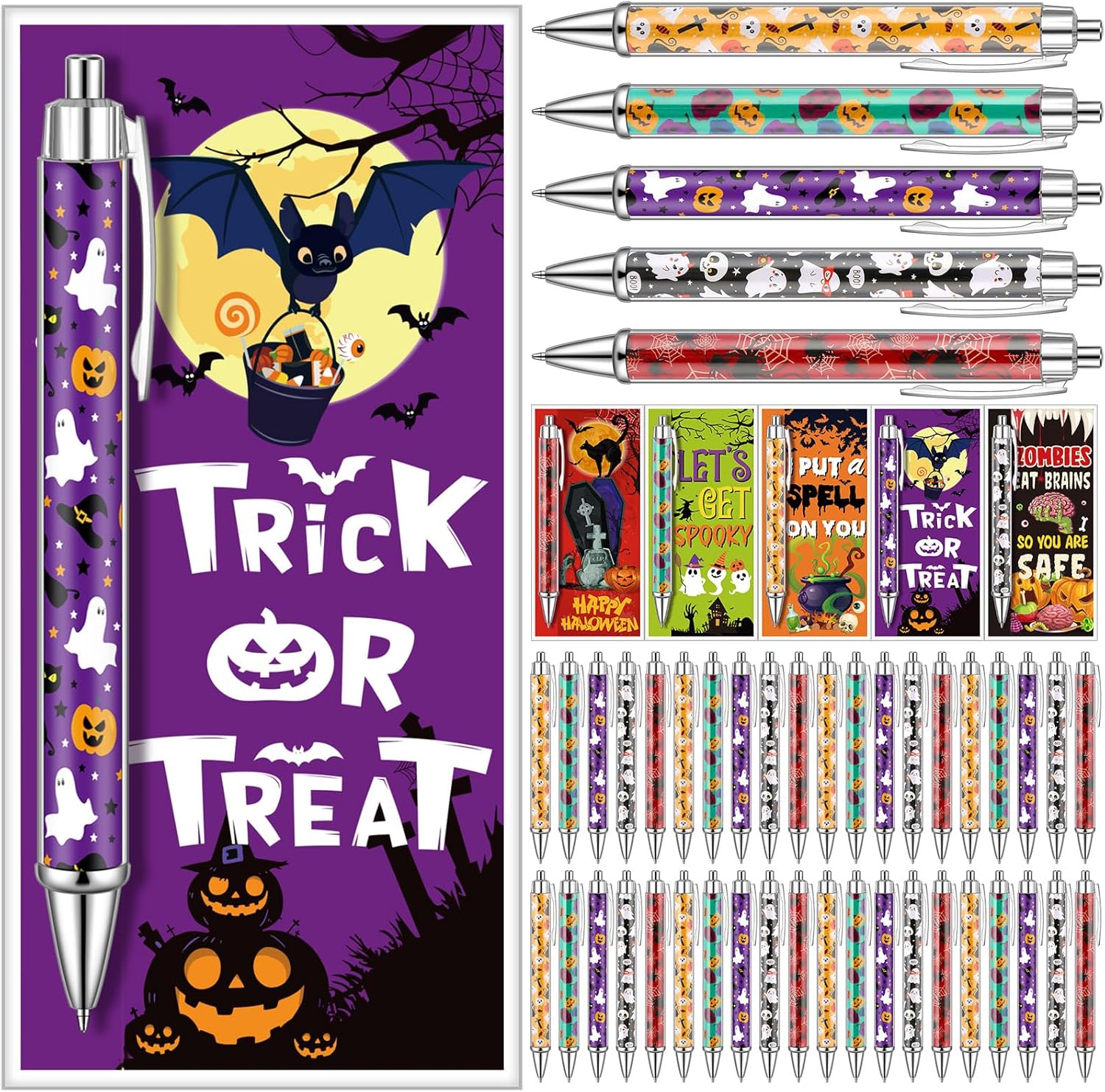 Jetec 50 Sets Halloween Ballpoint Pens Click Retractable Gift Prizes Include 50 Ballpoint Pens 50 Cards 50 Bags 50 Ties for Party Favors Office Teacher School Exchange