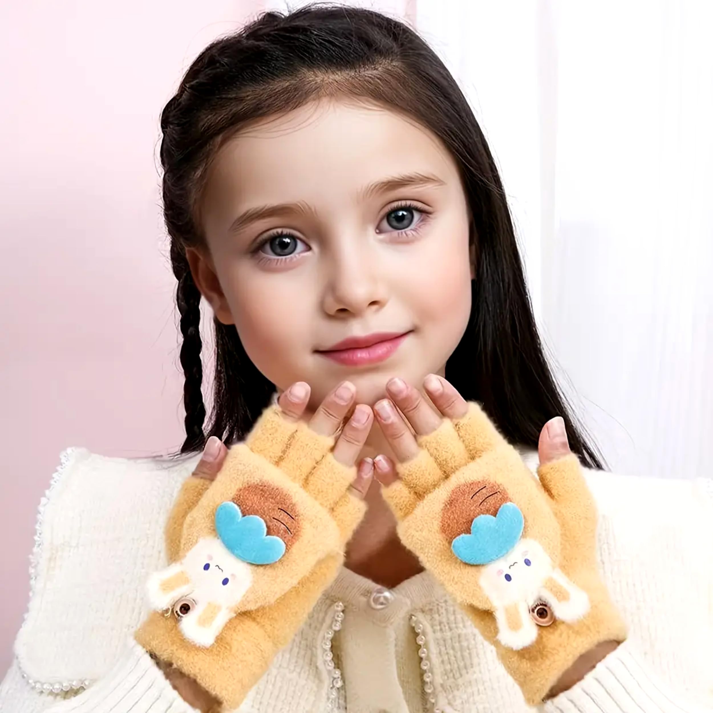 Khwaish Store Girl's Winter Soft Plush Cute Bunny Design Carrot Half Finger Gloves Mittens Soft Warm Over Flip Five-Finger for Toddlers Kids (2, Multicolor, 3-4 Years) - Image 3 thumbnail