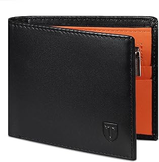 Wallets Mens RFID Blocking Genuine Leather Mens Wallets with 11 Card Holder, 2 Banknote Compartments, Coin Pocket, ID Window, Minimalist Wallets for Men UK with Gift Box - Black & Orange