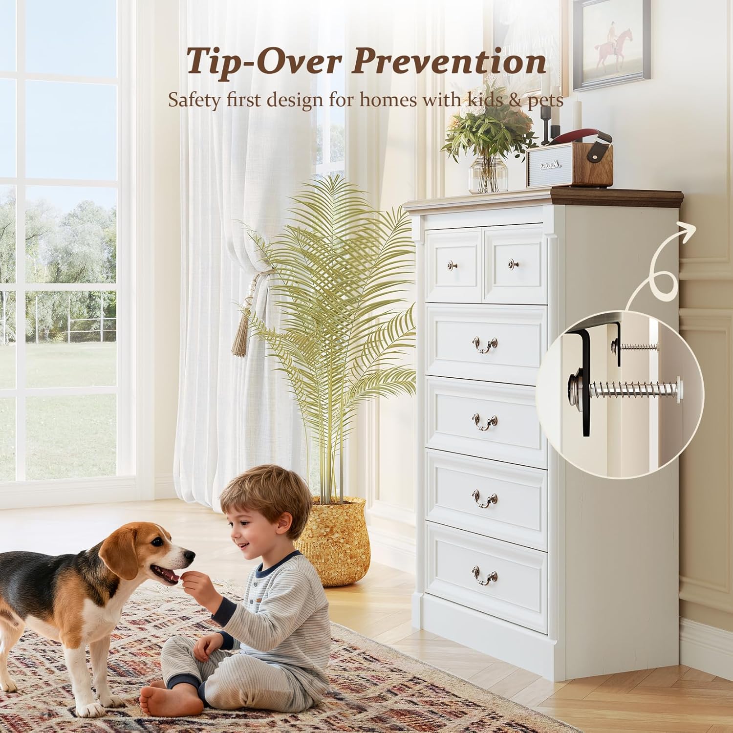 Concho Farmhouse 6 Drawers Dresser for Bedroom, Tall Wood Chest of Drawers with Spacious Deep Storage Space, Rustic Storage Dressers Organizer, TV Stand for Living Room, Bedroom, Antique White - Image 7