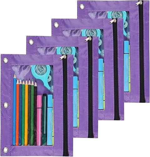 Estuche de tela para lápices con 3 anillas, con cremallera, paquete de 4 (morado)