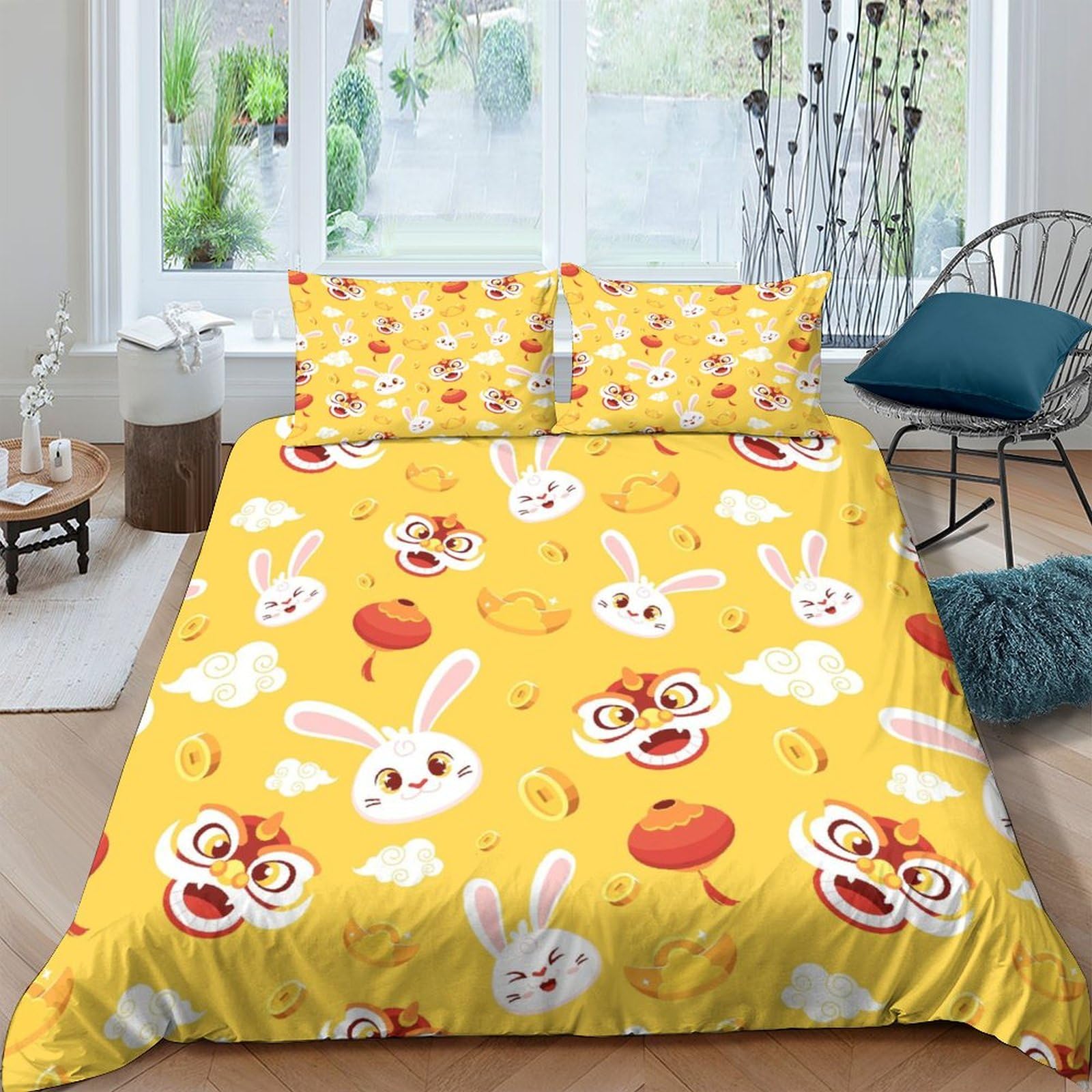 Housse de couette lion 220x240cm anti-froissement en microfibre parure de lit 3 pièces zippée