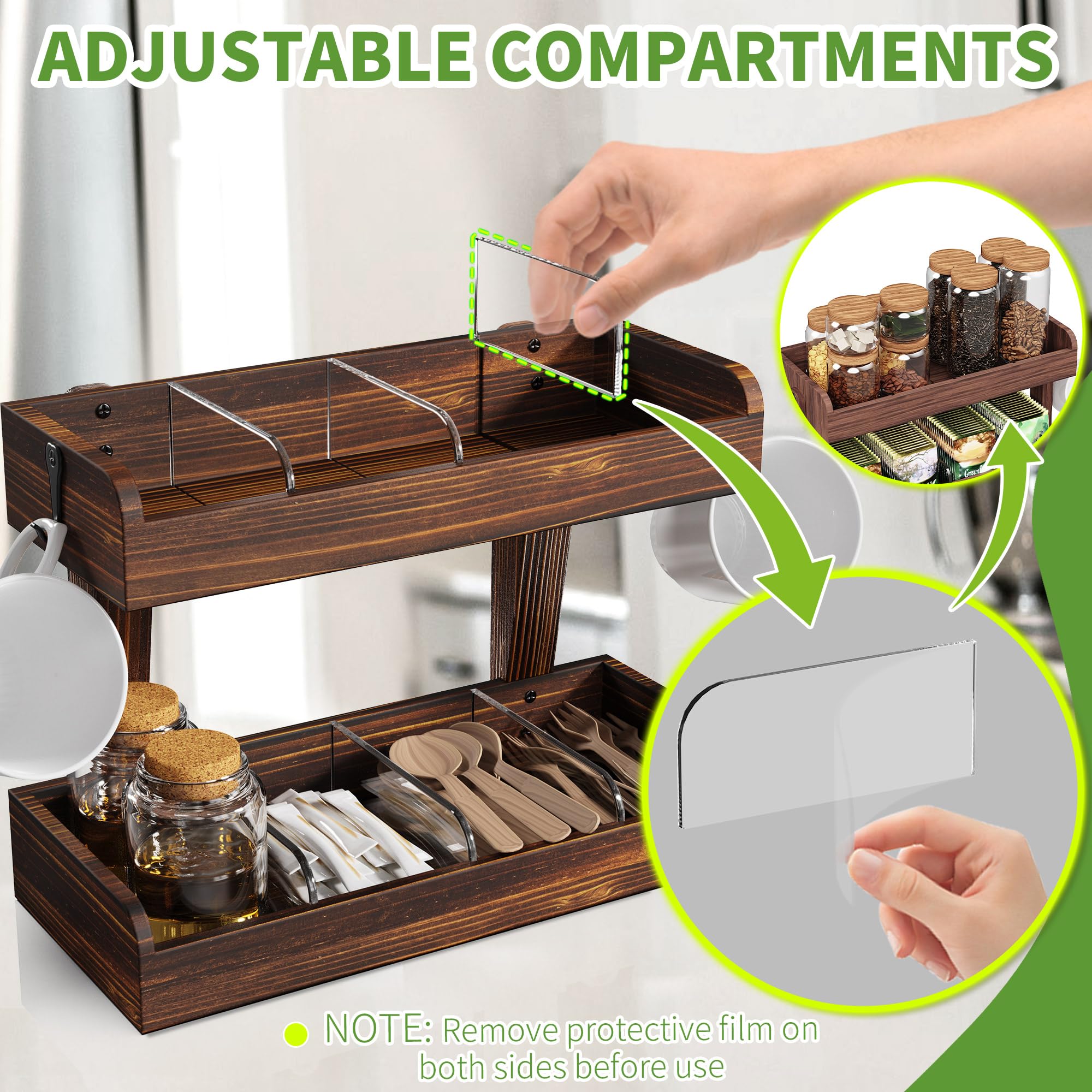 2 Niveles Organizador de Bolsa de Té para El Mostrador, Soporte de Teabag de Madera con Tabiques Ajustables y 2 Ganchos, Organizador de Bolsa de Té de Almacenamiento para La Oficina, Cocina (2 Tire)