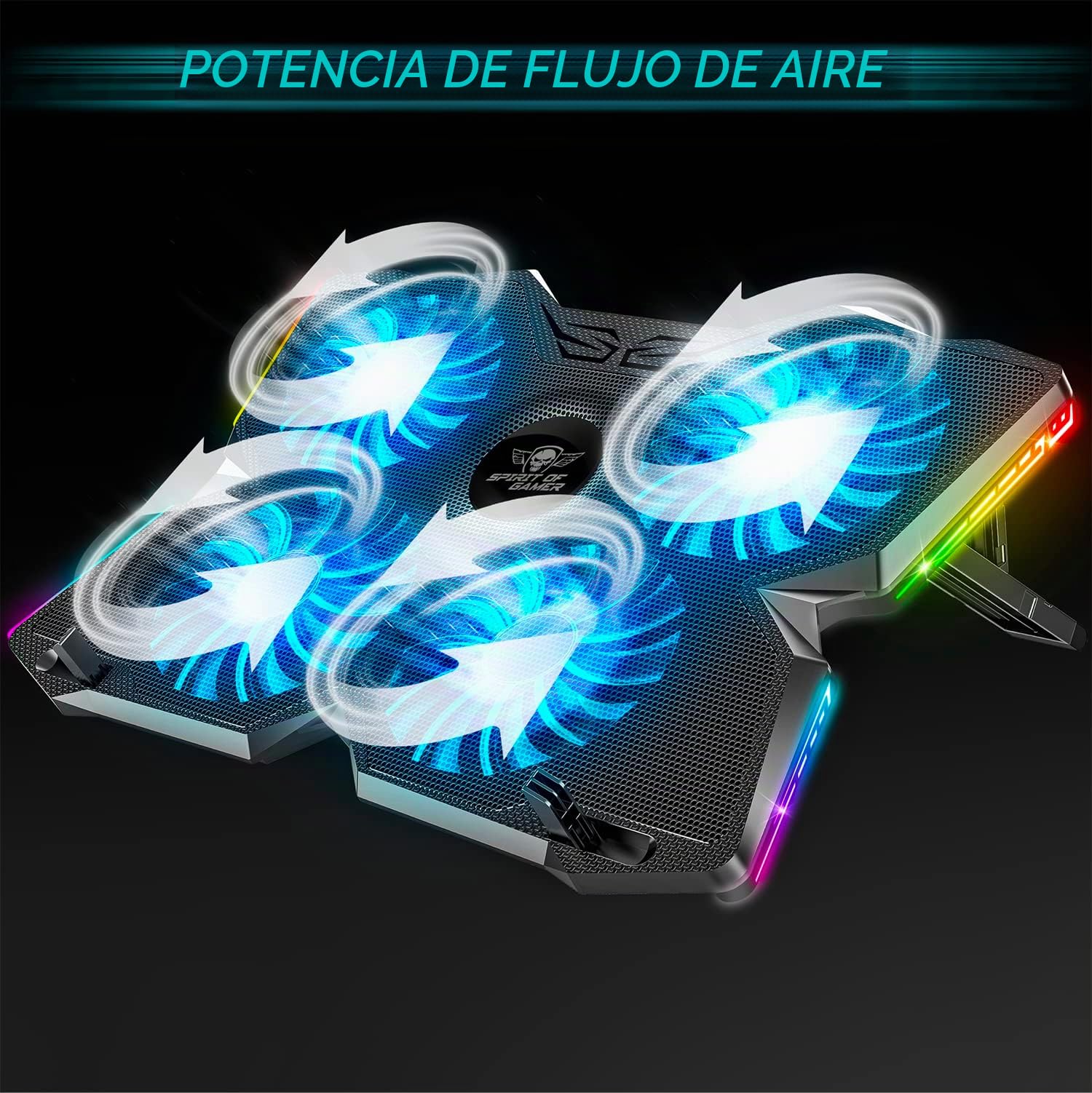 Spirit of Gamer, Base Refrigeradora Portatil de 10" a 17", 4 Ventiladores Silenciosos, Compatible con PS5, PS4, Xbox y PC, Placa de Enfriamiento Retroiluminada RGB, Soporte Ventilador Portatil