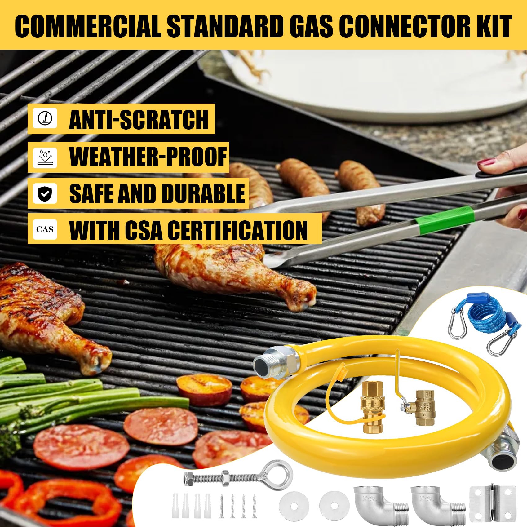 1675kit48 Kit de sistema de seguridad, manguera de línea de gas natural de 3/4 pulgadas de diámetro interior, manguera de línea de gas de cocina comercial de 48 pulgadas, kit de manguera de conector