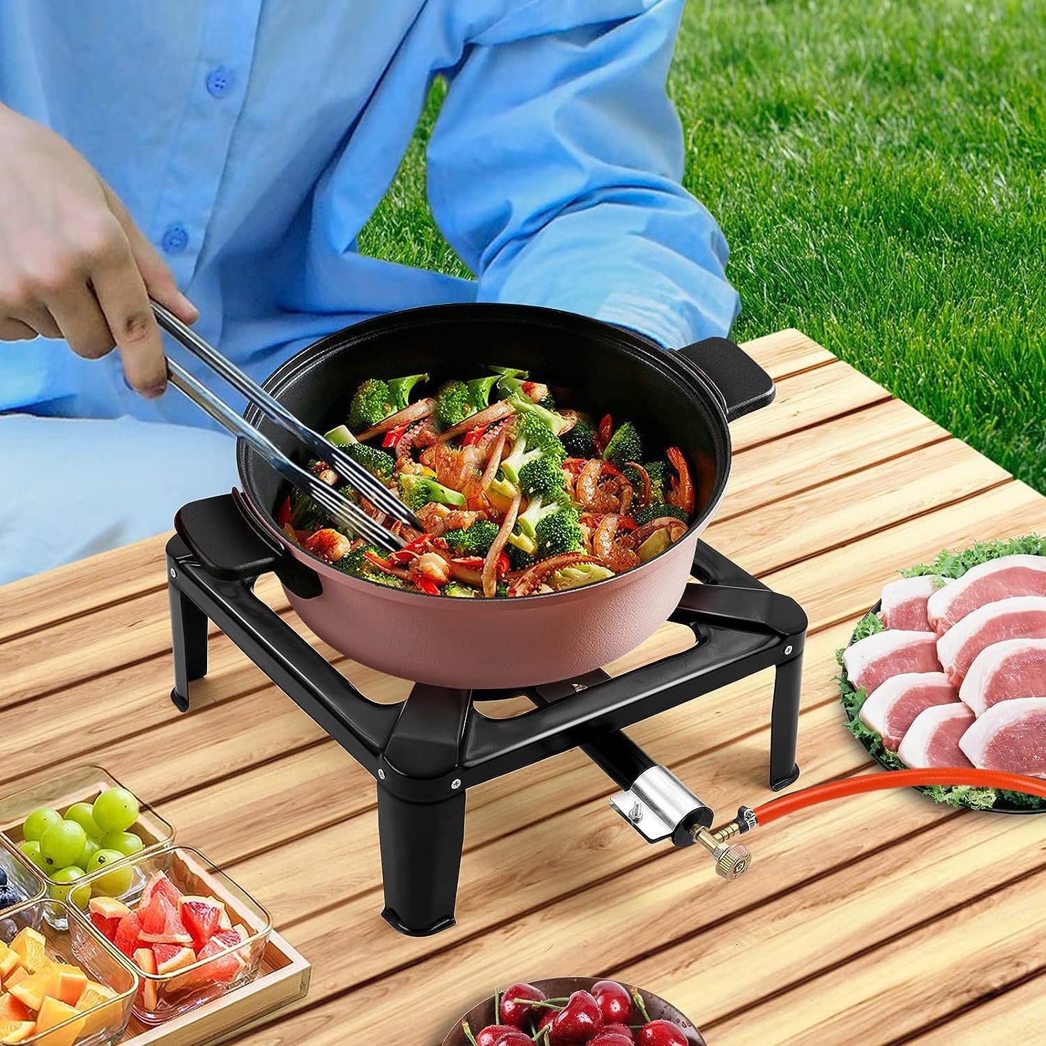 Réchaud à Gaz Portable Pour Extérieur, Équipé d'Un Tuyau Flexible De 1,5 Mètre Et d'Un Détendeur, Supportant 40 Kg, Anti-Rouille Et Stable, Idéal Pour Le Camping, Les Fêtes Et Les Pique-Niques