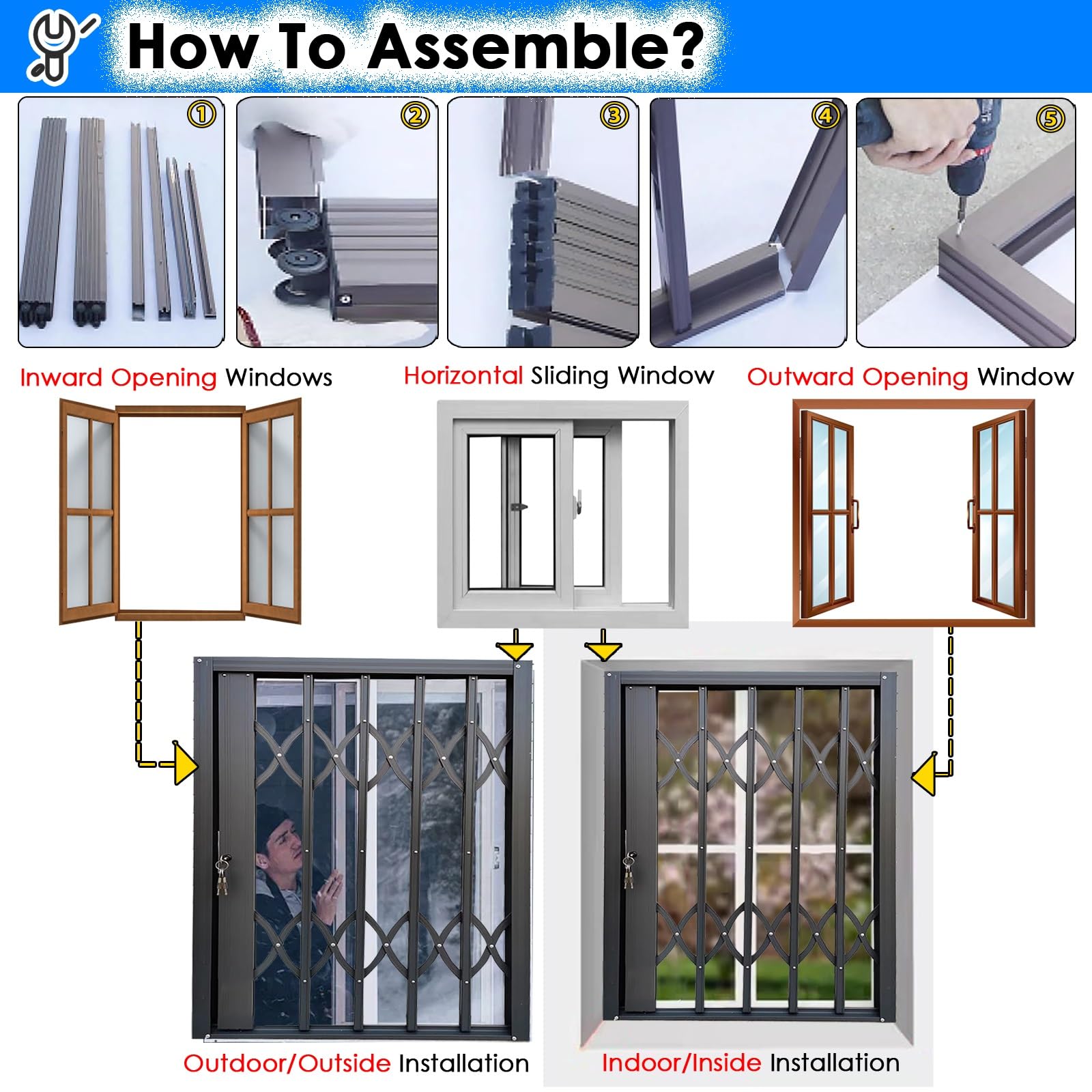 Barras de ventana al aire libre, ventanas corredizas plegables horizontales para loft, cobertizo, hogar, protección de seguridad para puertas, seguridad para perros y niños (39.4 x 23.6 pulgadas, 100