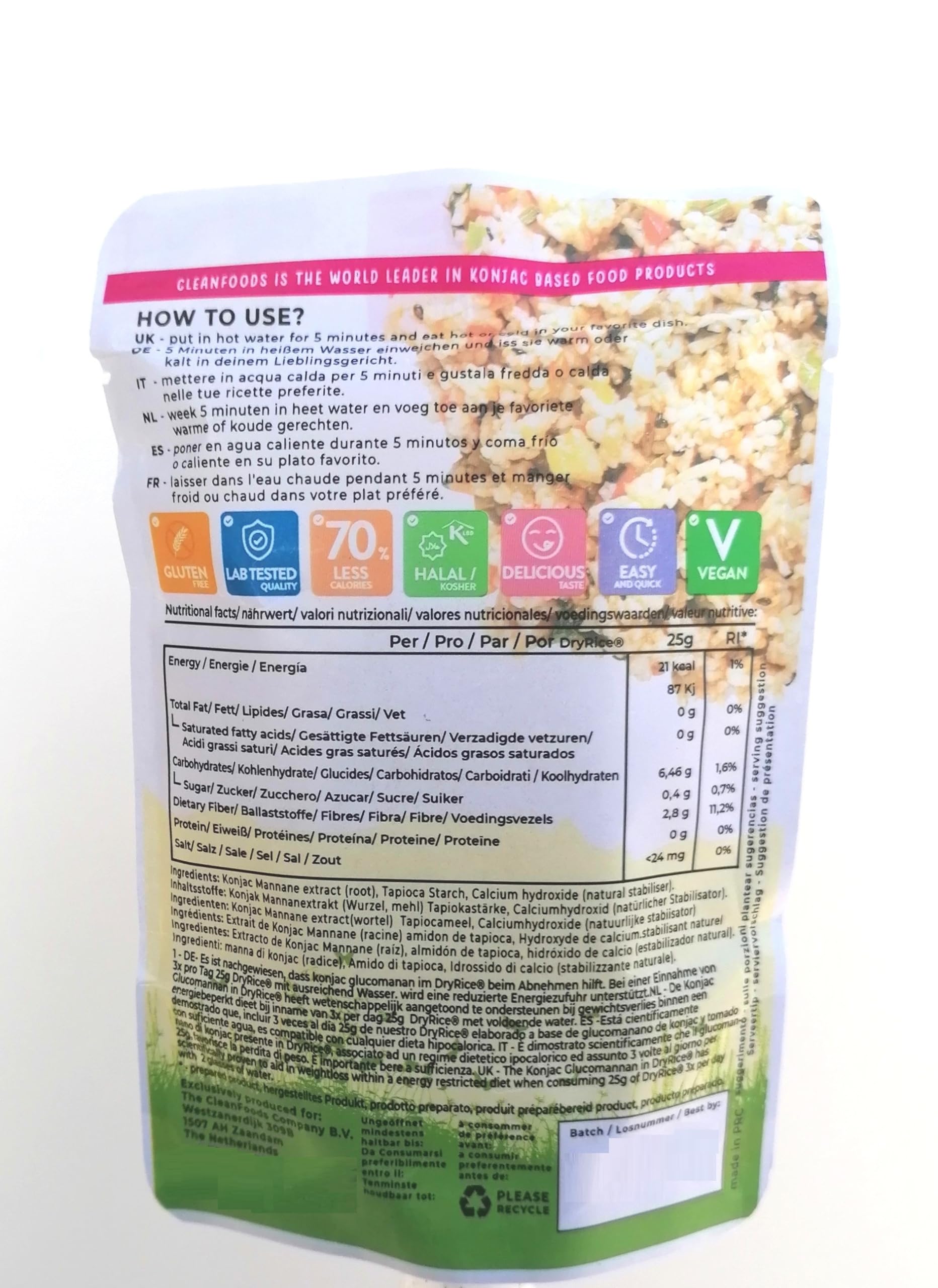 5 x CleanFoods 21 calorías arroz konjac seco I 75 g I glucomanano de konjac shirataki I sin olor l vegano I sin gluten ni grasa I listo en 5 minutos