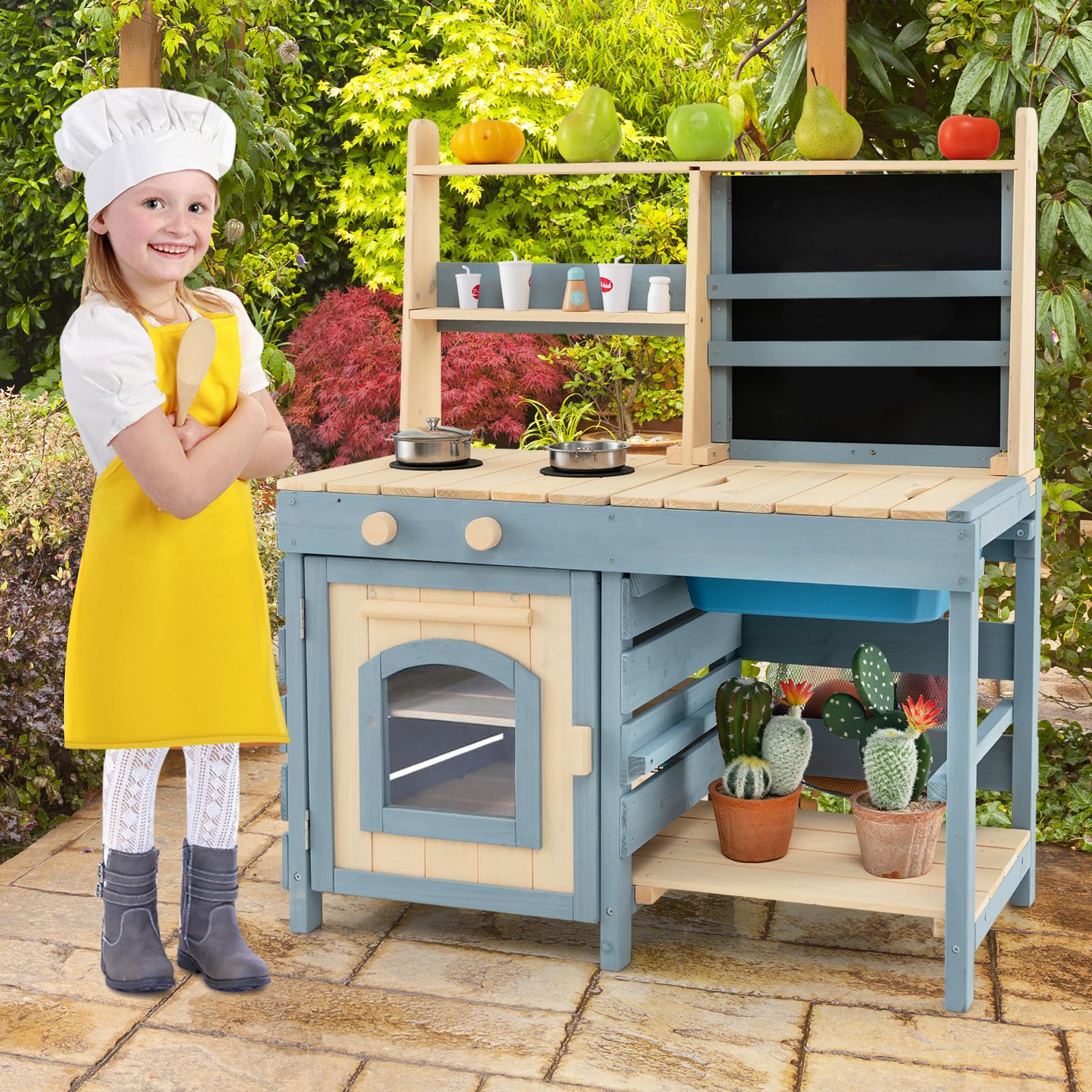 COSTWAY 2 in 1 Kinderküche & Kaufladen, Matschküche Outdoor Kinder, mit Tafel, Metallkörben, Aufbewahrungstasche, Wasserhahn & Waschbecken, Spielküche Holz, Holzküche für Kinder ab 3 Jahren