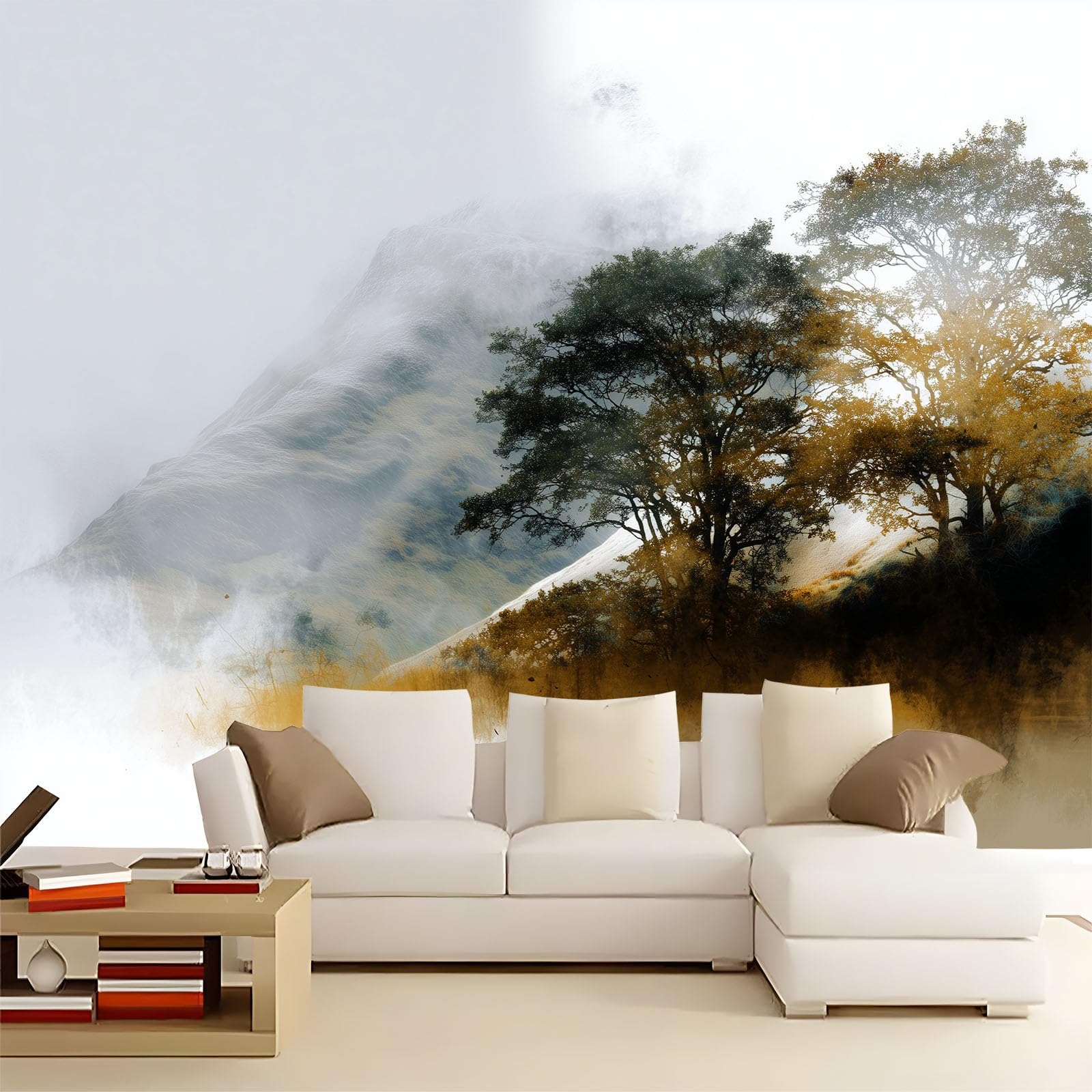 Generisch Tapeta panoramiczna, plakat 350 x 256 cm (szer. x wys.), tapeta na flizelinie, dekoracja ścienna, minimalizm, ręcznie malowane liście, dla dziewcząt, chłopców, do sypialni i salonu (khaki)