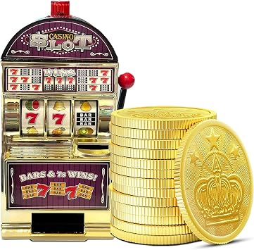 Gold Slot Machine 777 Toy Bank Replica with Lights, Sounds, 50 Metal Gold Coins, Casino Style