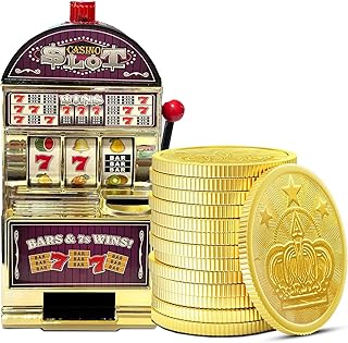 Gold Slot Machine 777 Toy Bank Replica with Lights, Sounds, 50 Metal Gold Coins, Casino Style