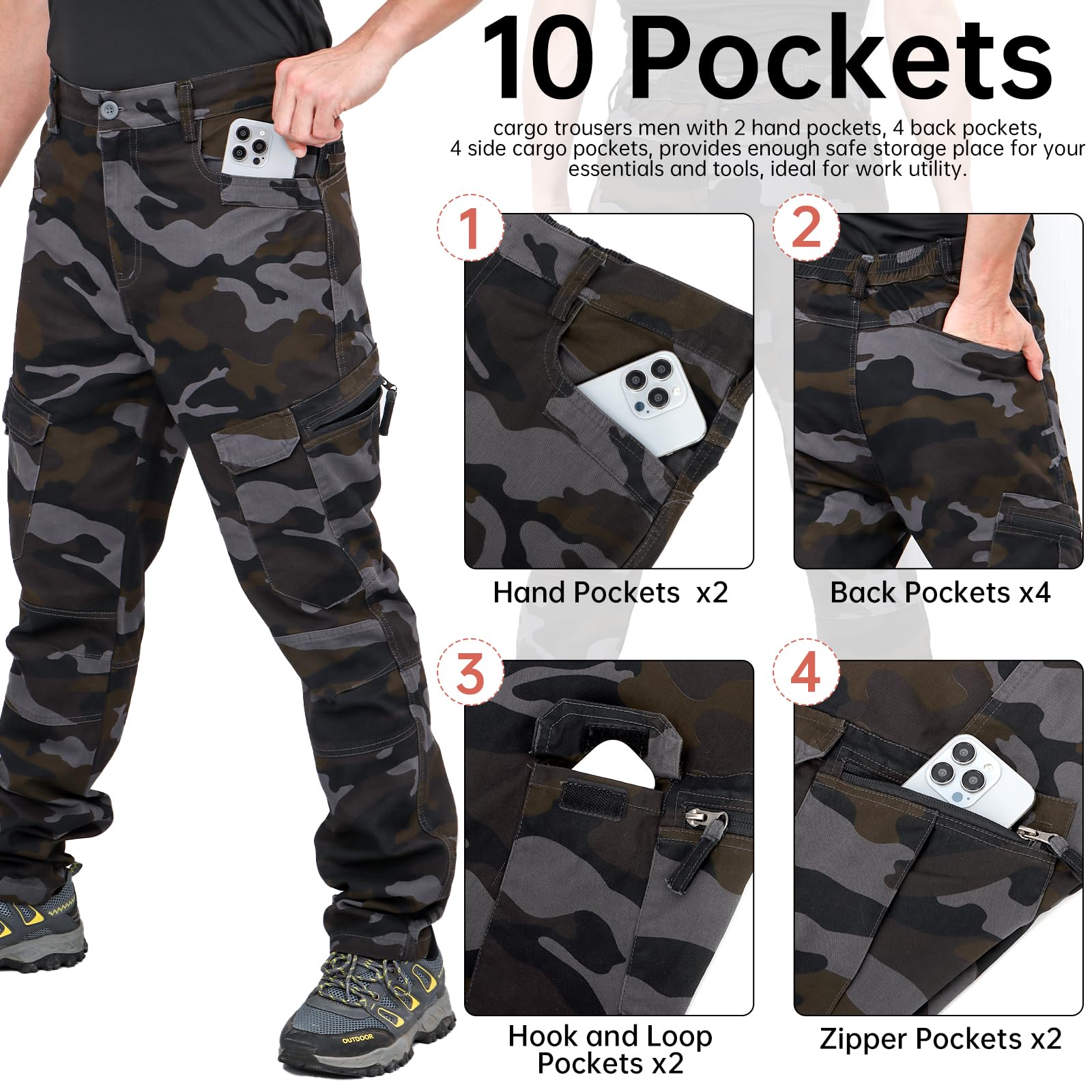 LY4U Pantaloni da Lavoro Cargo da Uomo, Pantaloni Casual da Esterno Mimetici in Cotone - Abbigliamento da Trekking da Campeggio con 10 Tasche