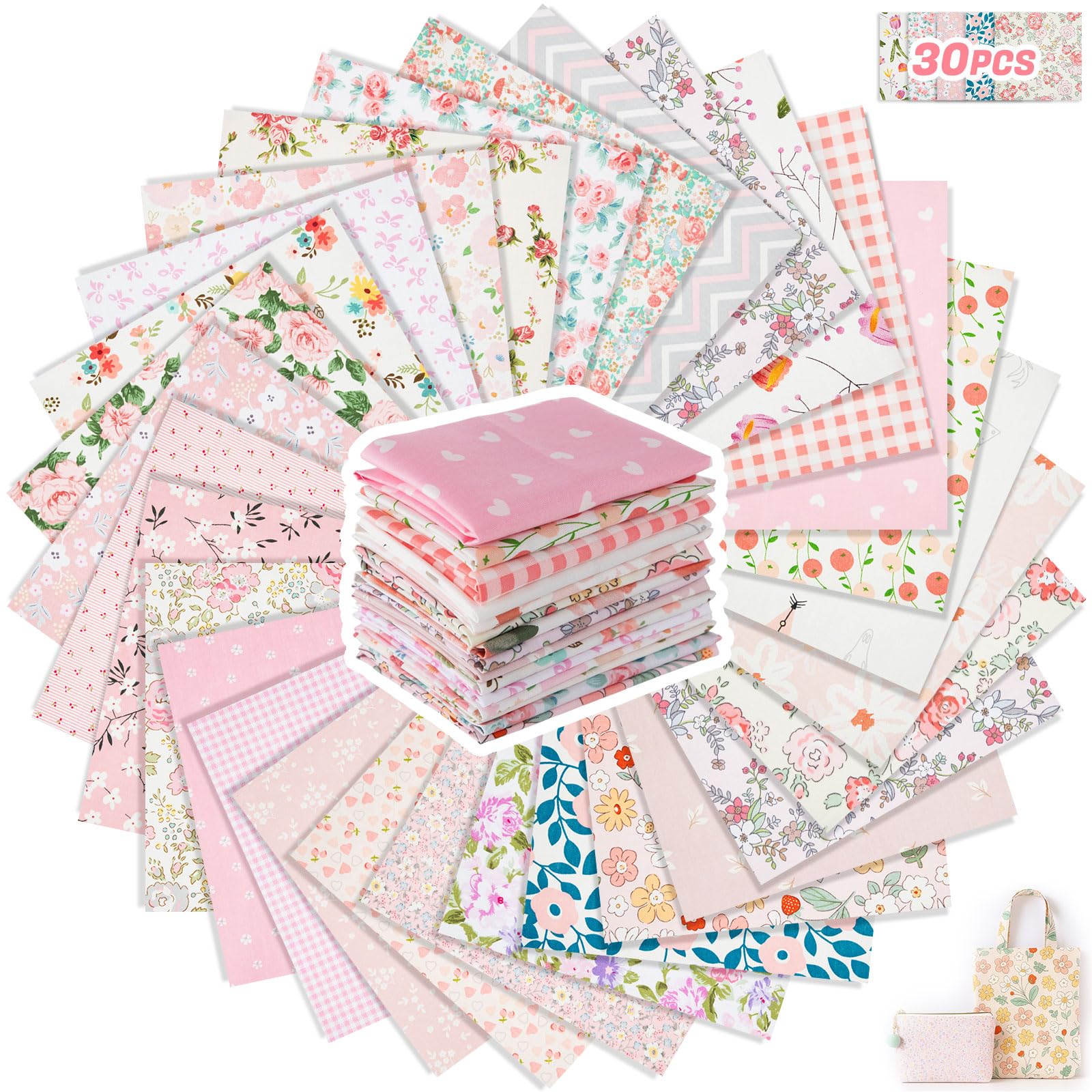 30 Pieces 10 x 10 Inches Cotton Fabric Bundle Squares Patchwork Floral Fabric Sewing Quilting Bundles Assorted Pattern Cloth for DIY Scrapbook Craft Making(Sweet) — image 1