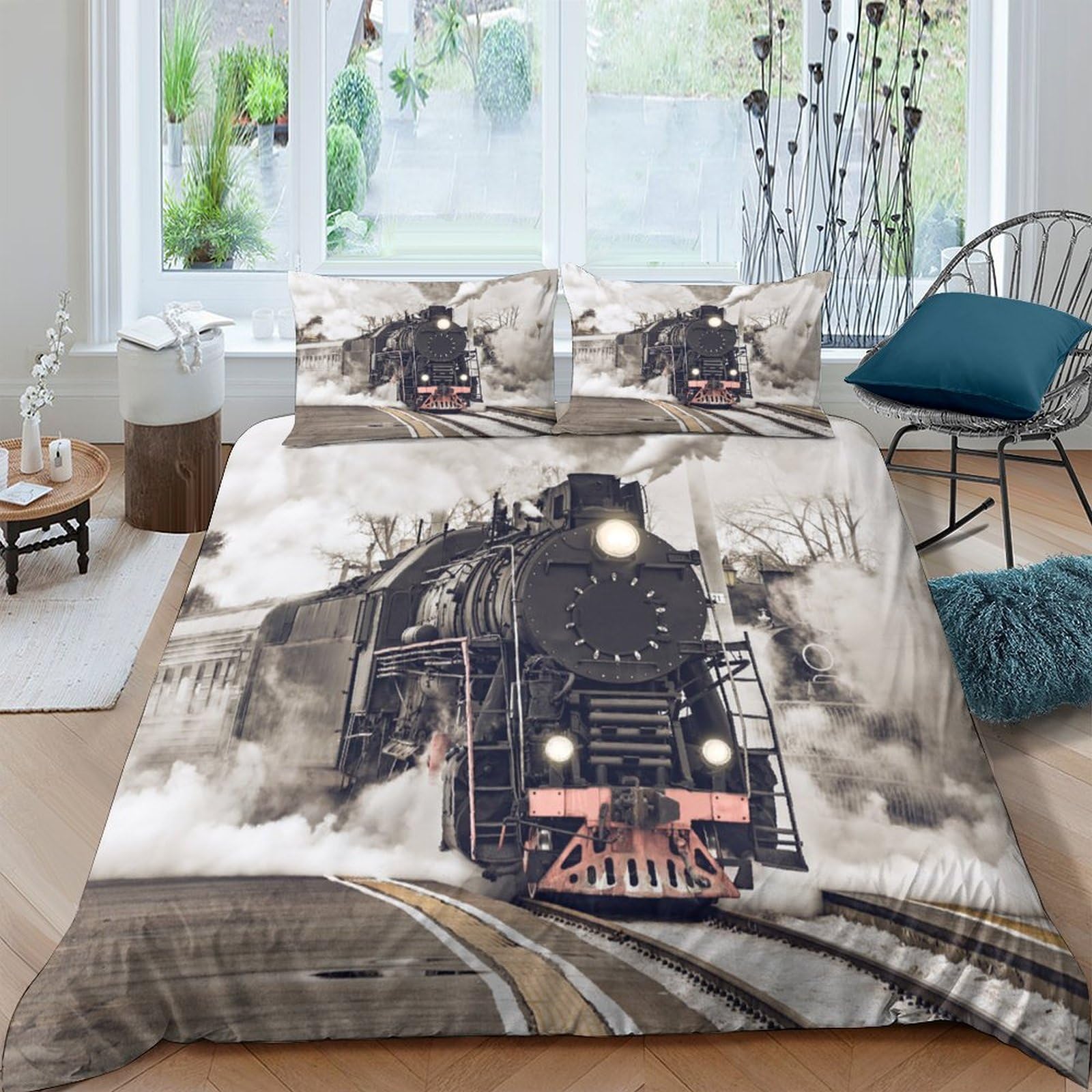 Ctjqhvkz Style-4 3D Printed Steam Train Fitted Sheet Microfiber Soft Breathable Railway Track Bed Cover For Bedroom Dorm Decor Single（135X200cm）