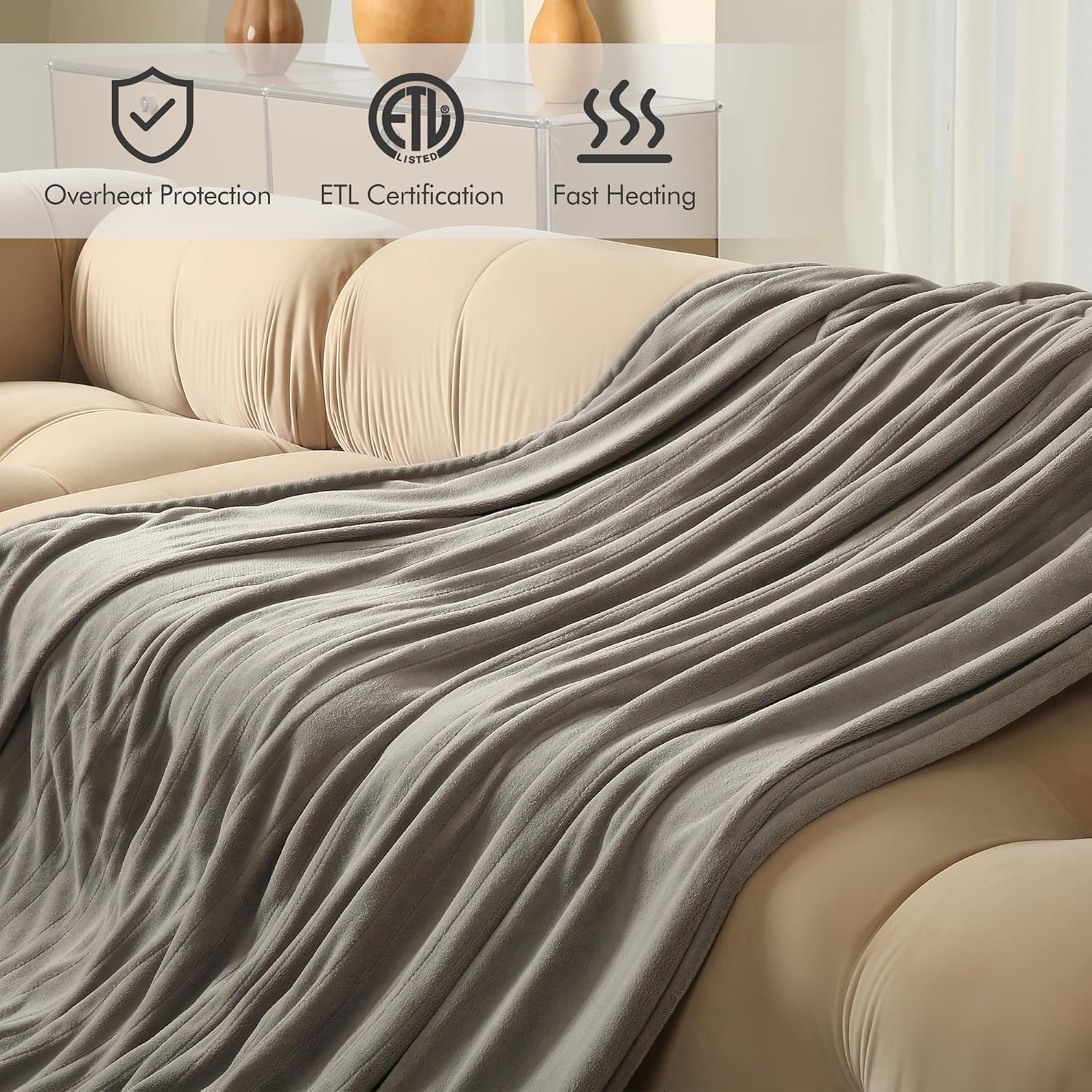 ESTINGO Heated Blanket Twin Size, Fast Heating Electric Blanket with Extremely Cozy Plush with 5 Heating Levels & 10 Hours Auto Off for Bedroom Office Couch, 62"x84", Light Gray - Image 6