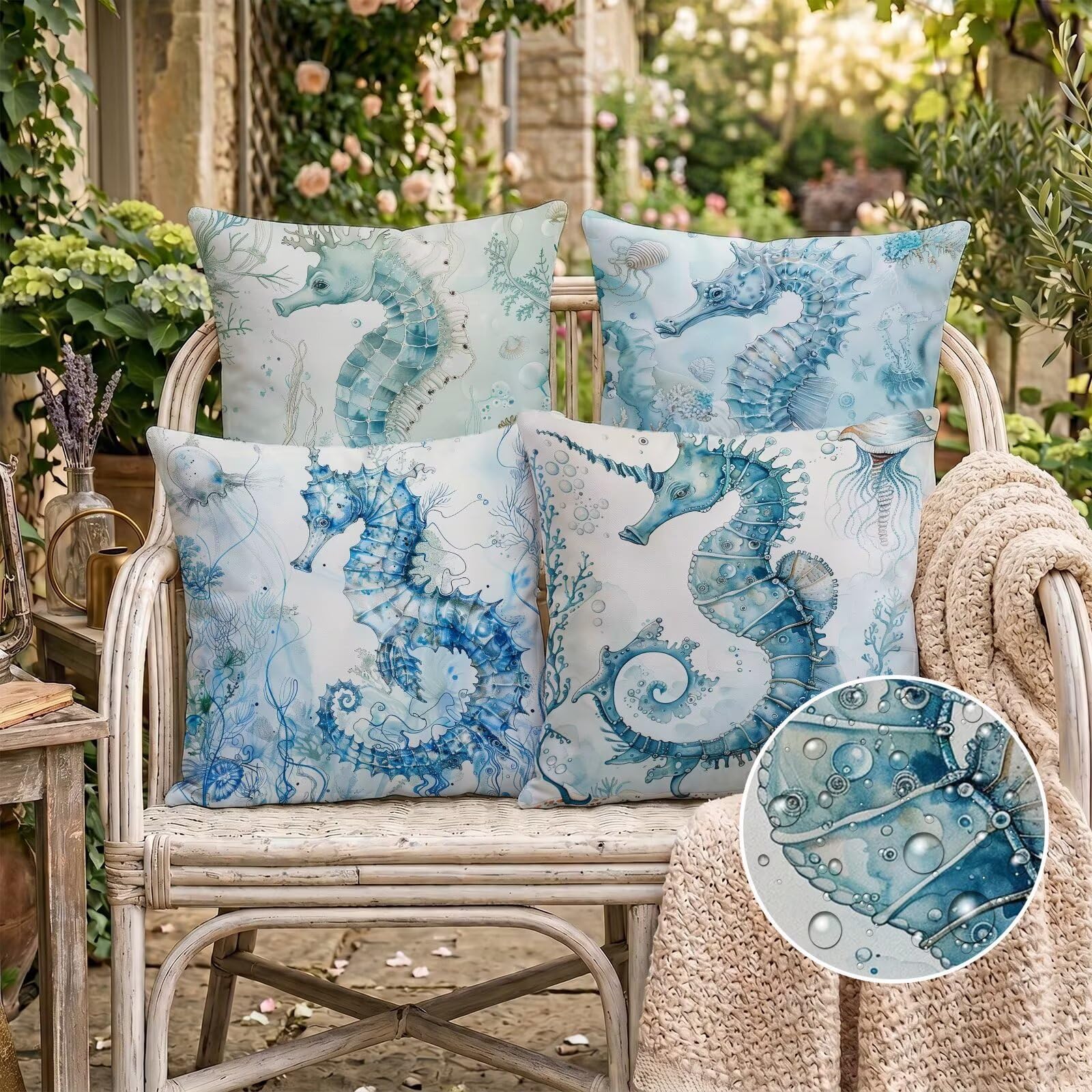 Federe Cuscini Divano 55x55cm Set di 4 Stampa Fronte-Retro Oceano Haima in Velluto Cuscini Arredo, Cuscini per Divano Esterno Giardino Impermeabili per Soggiorno Camera Decorazione C-O162