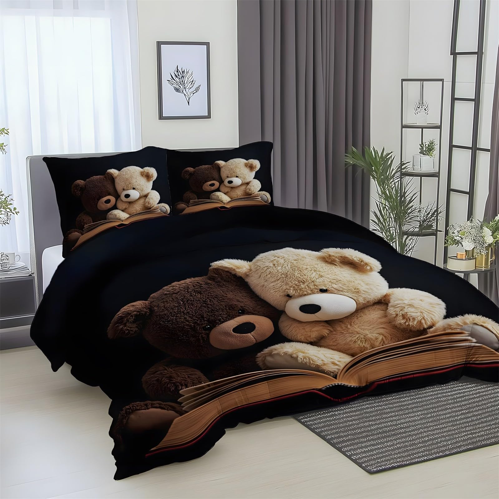 Bettwäsche 200x220 Teddybär Bettwäsche 3teilig Schwarz Bettbezug Mikrofaser mit Reißverschluss mit 2 Kissenbezug 80x80