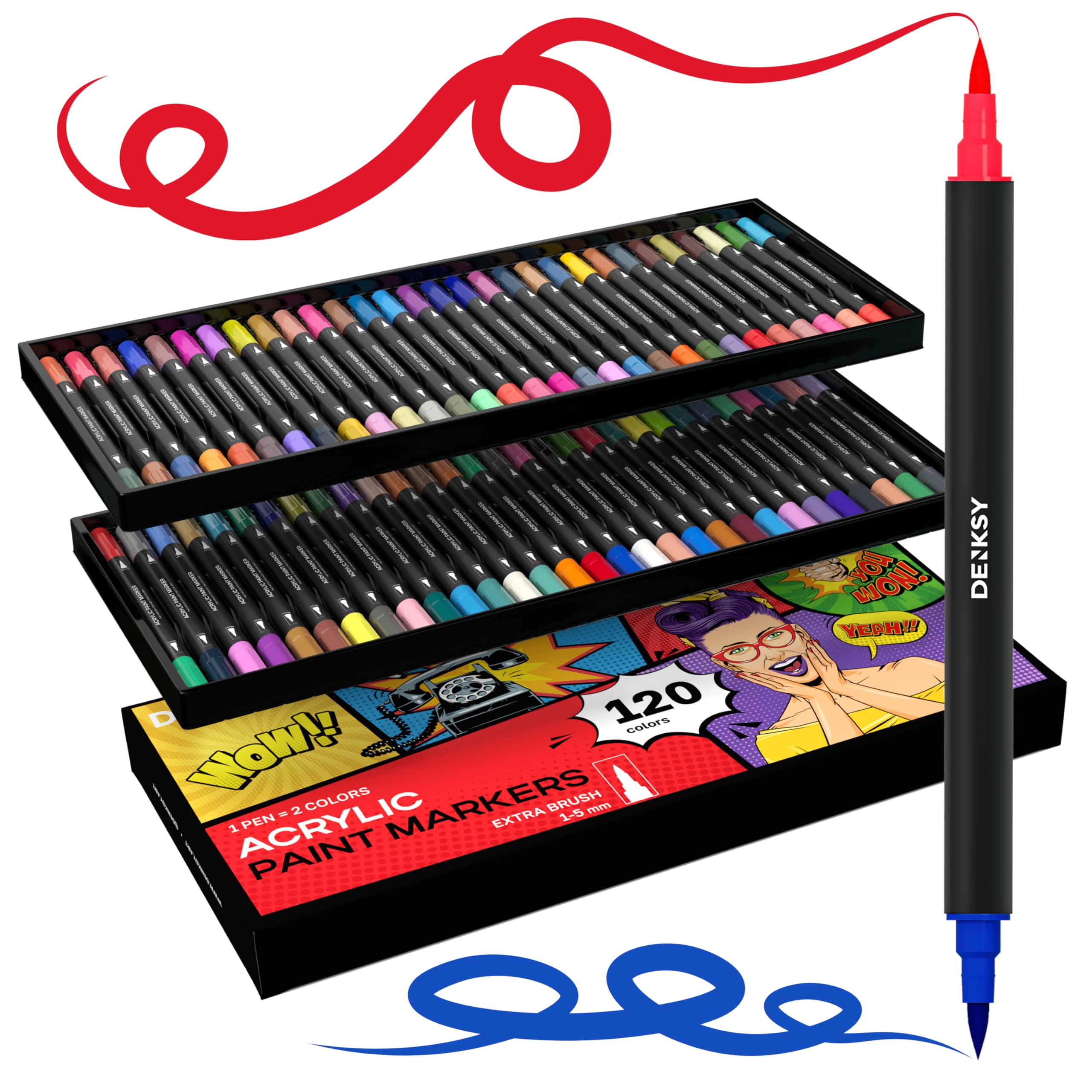 DENKSY 120 Dual Tip Acrylic Paint Markers Set | Coloured Markers