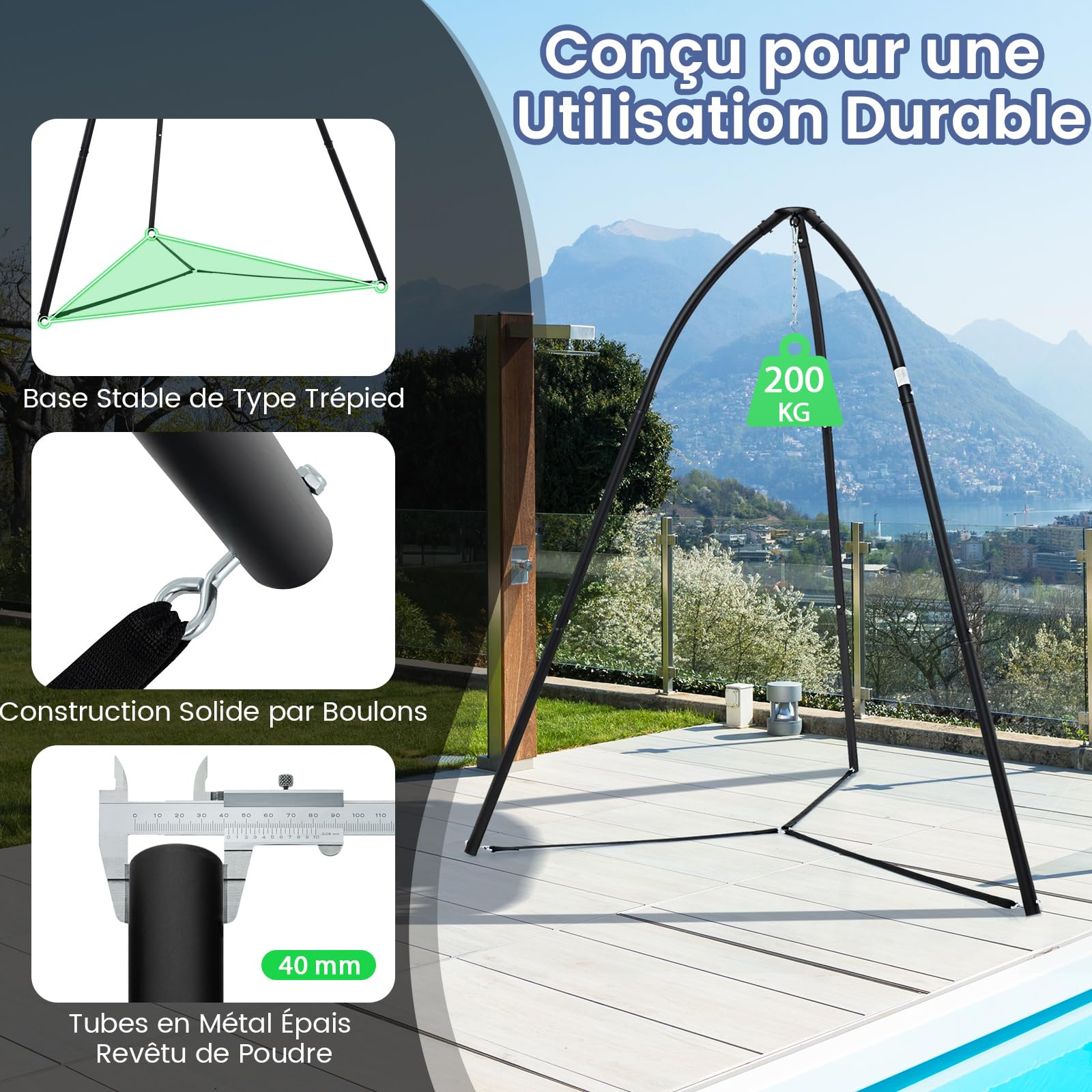 COSTWAY Support Fauteuil Suspendu Métal Pivotant 200 KG Chaîne Suspension Intérieur Extérieur