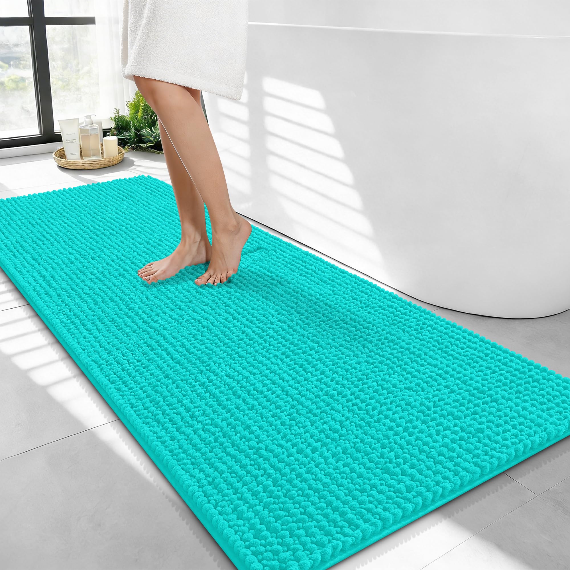 OLANLY Thick Chenille Bathroom Runner Rugs 44x24, Absorbent Bath Mat, Teal
