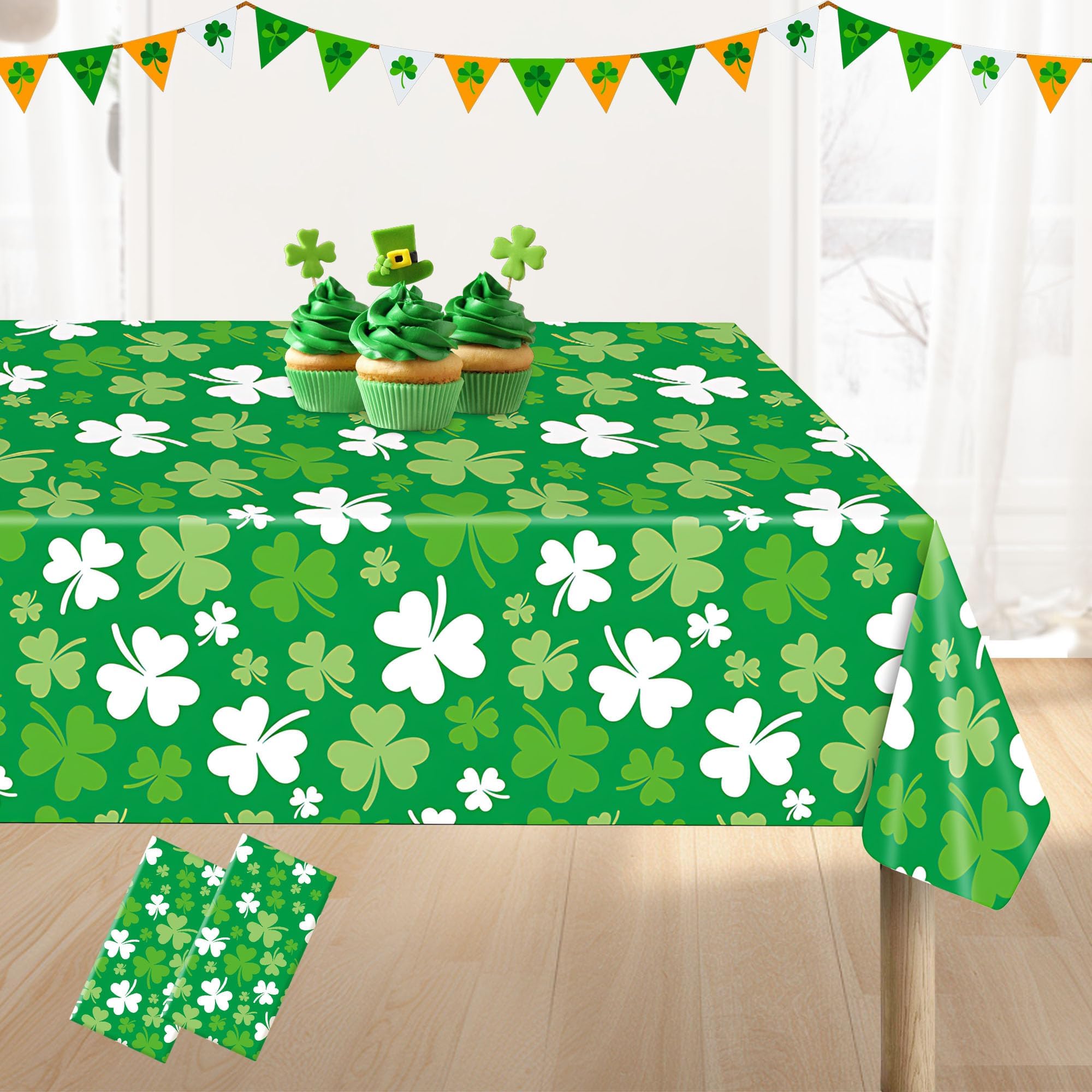 St. Patrick's Day Plastic Tablecloth: 137×274CM Irish Lucky Green White Shamrock Clover Disposable Rectangle Table Cloth Cover for Saint Patrick's Day Dinner Table Decor Party Supplies(2 Pcs)