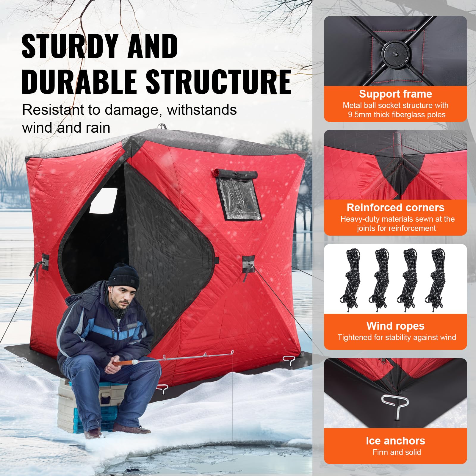 VEVOR Abri de Pêche sur Glace 1,8x1,8x2 m Tente Escamotable Portable Isolant Thermique Tissu Oxford