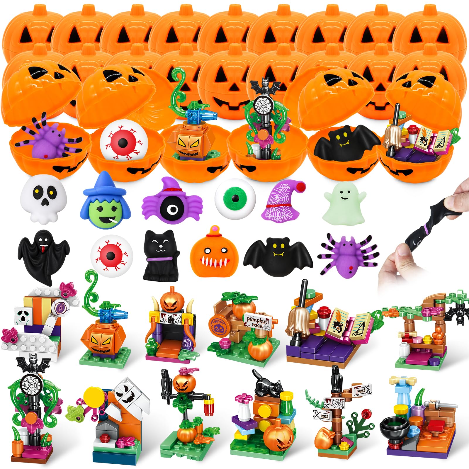 MOONTOY Halloween Gifts for Kids, 24 Pumpkins 12 Squishy & 12 Building Sets